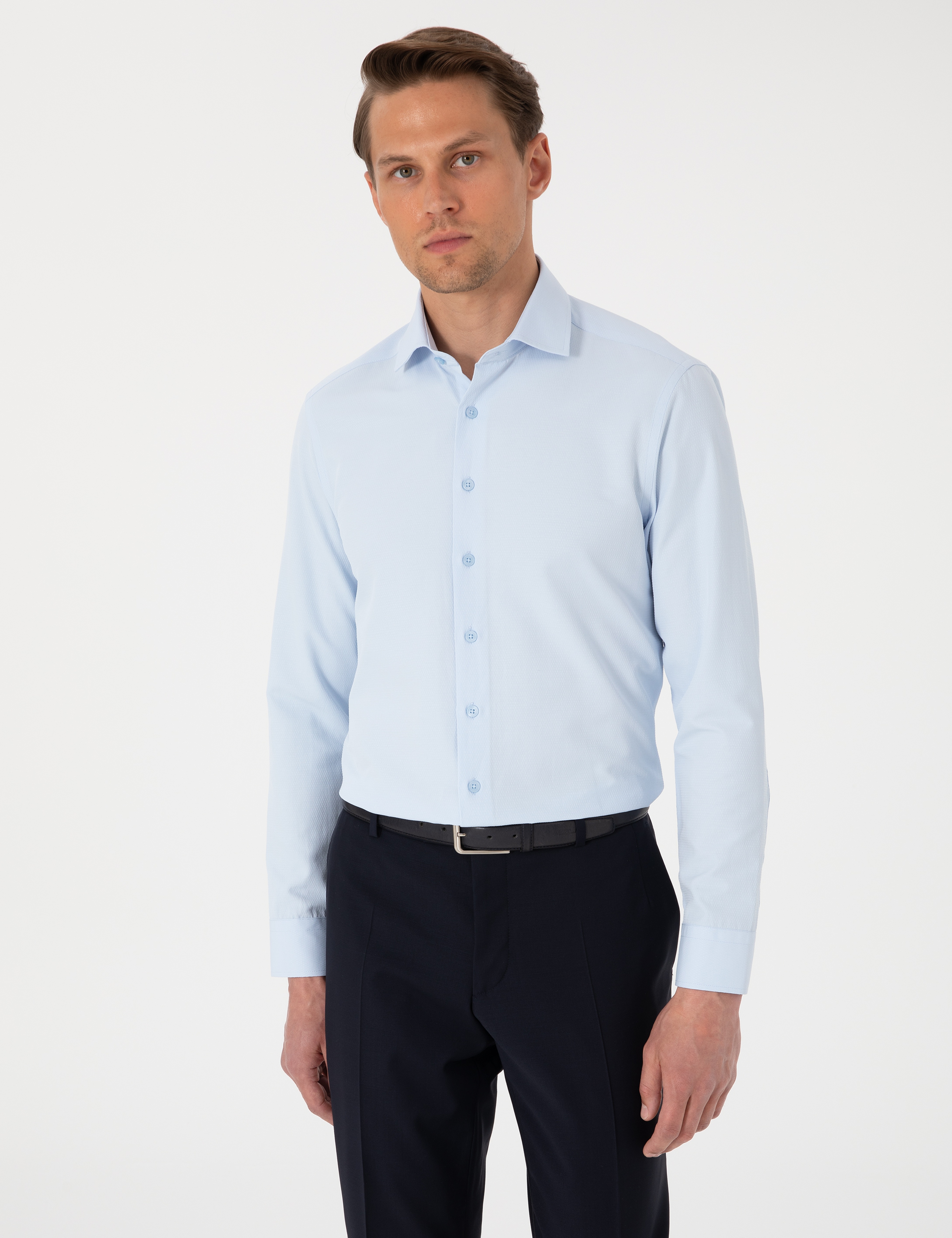 Açık Mavi Slim Fit Uzun Kollu Armürlü Gömlek - Image 1