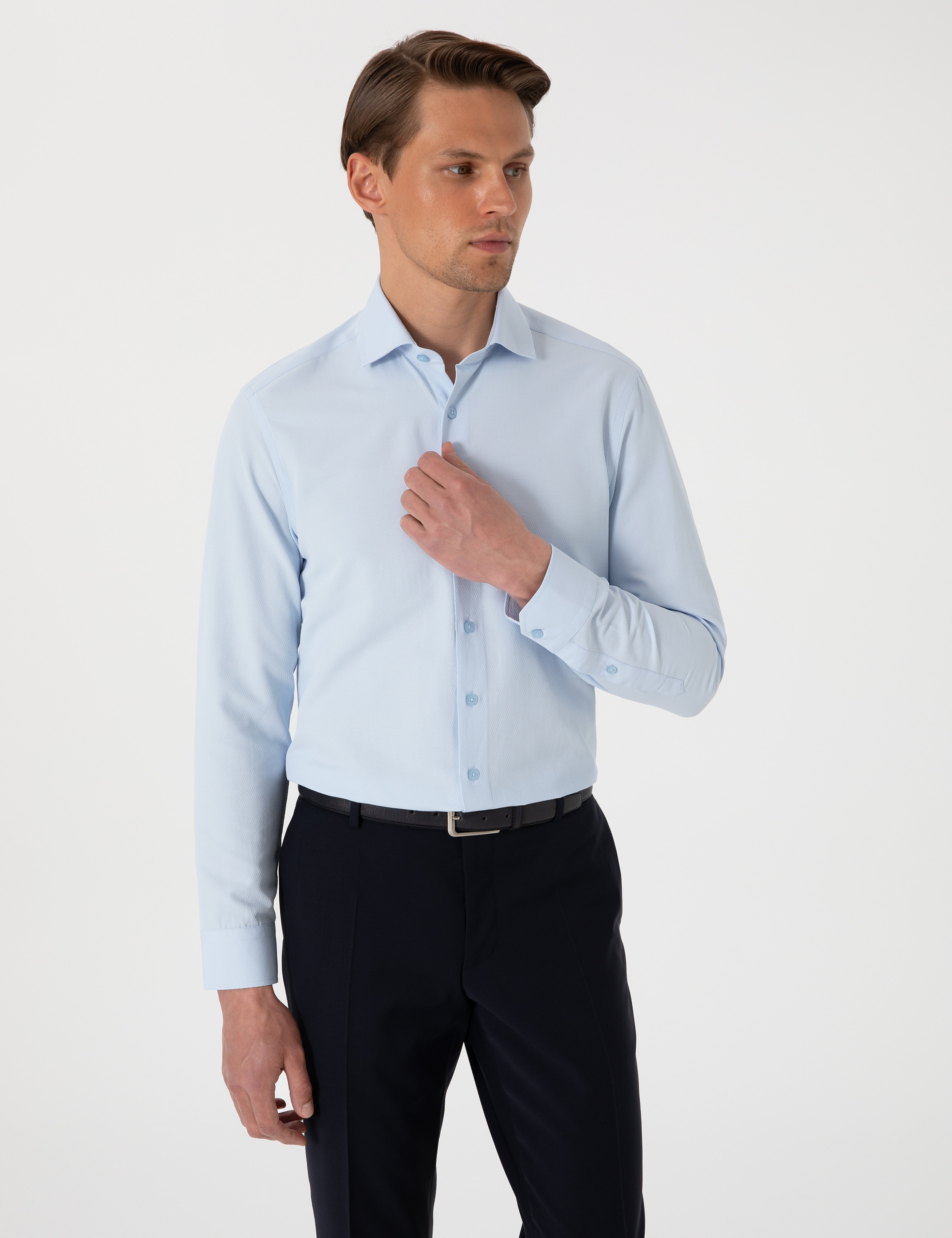 Açık Mavi Slim Fit Uzun Kollu Armürlü Gömlek