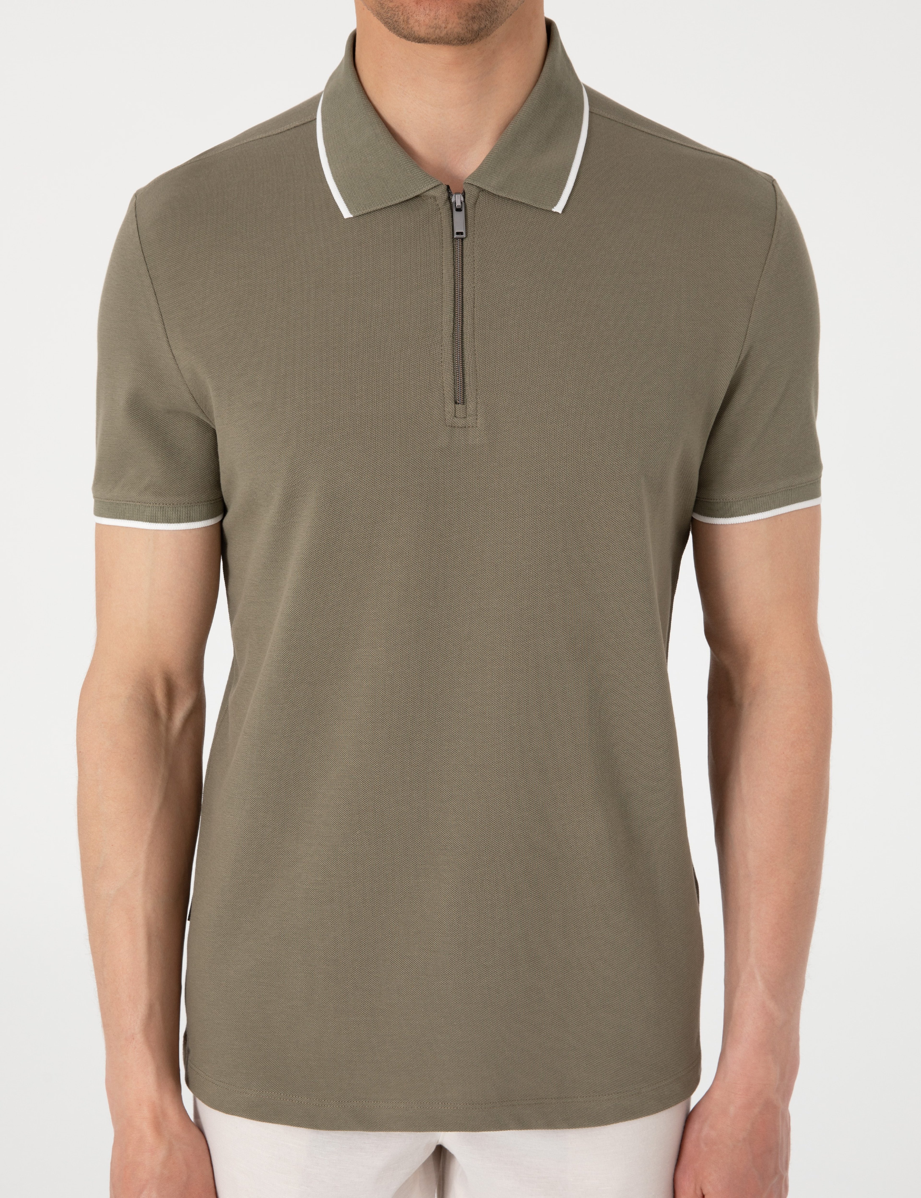 Haki Slim Fit Polo Yaka Tişört - Image 6