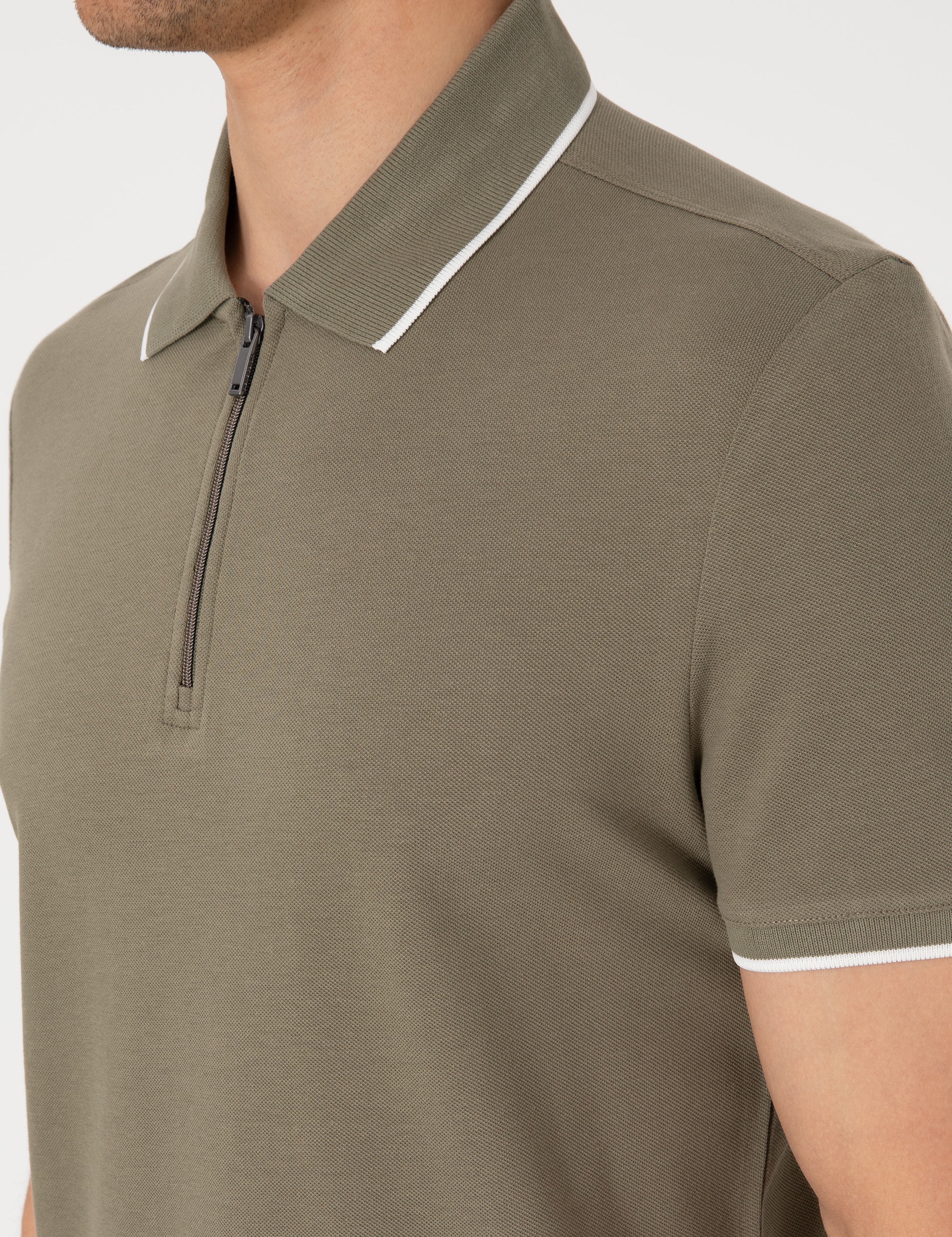 Haki Slim Fit Polo Yaka Tişört - Image 7