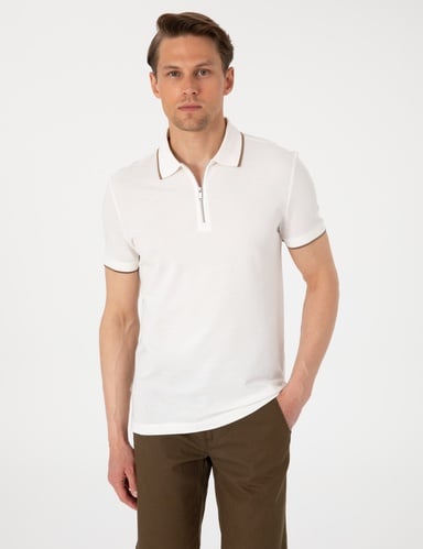 Ekru Slim Fit %100 Pamuk Fermuarlı Polo Yaka Tişört