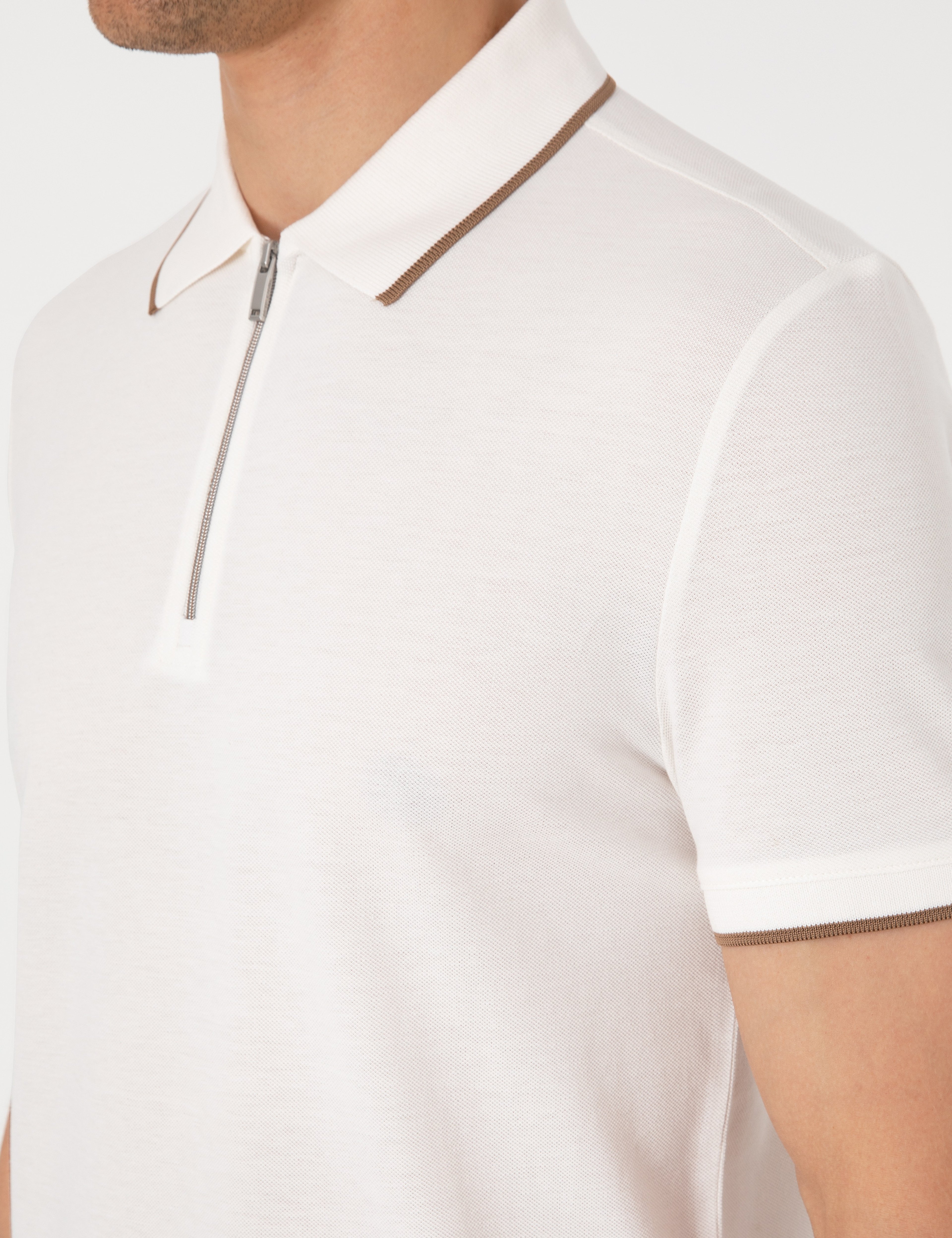 Ekru Slim Fit Polo Yaka Tişört - Image 7