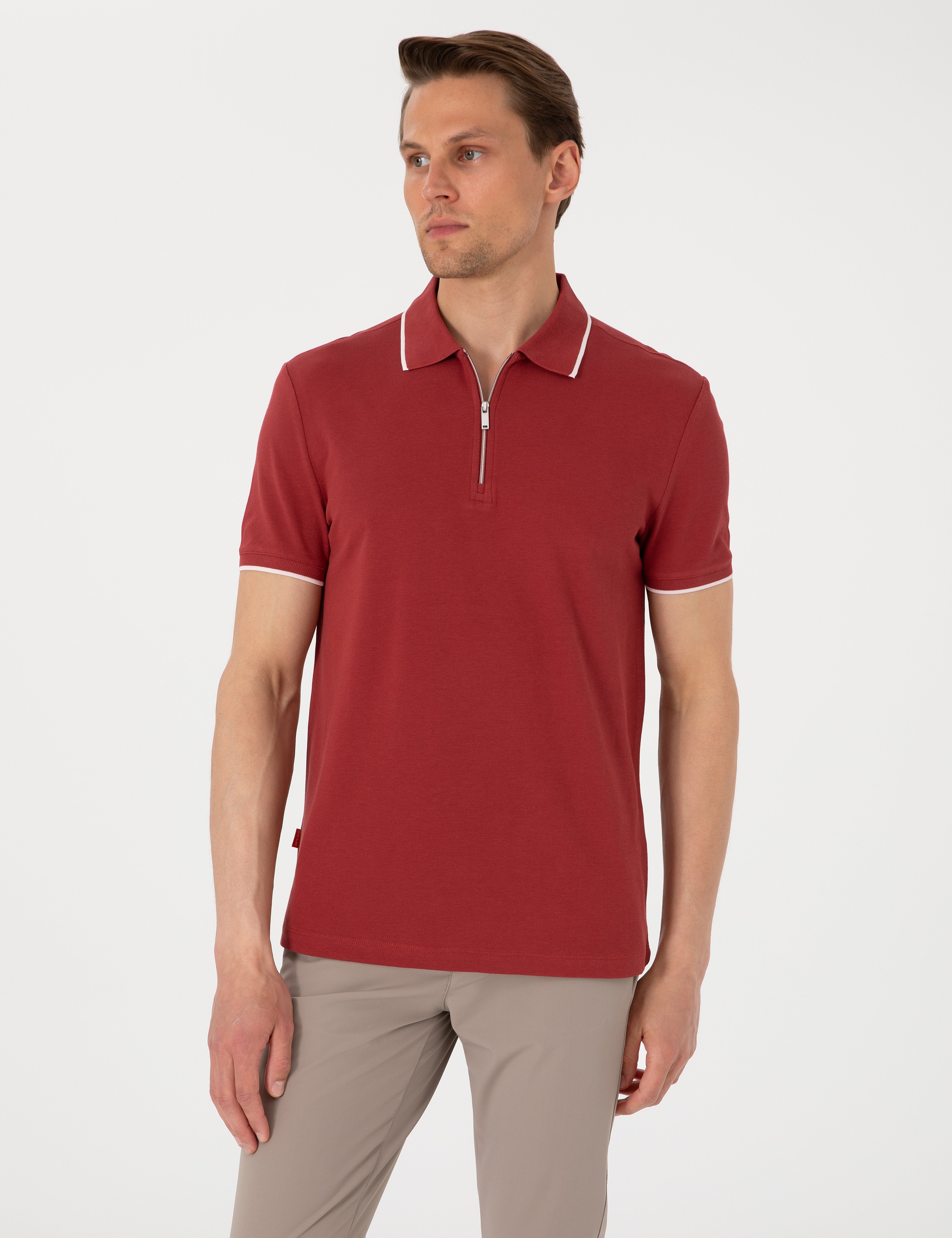 Nar Slim Fit %100 Pamuk Fermuarlı Polo Yaka Tişört