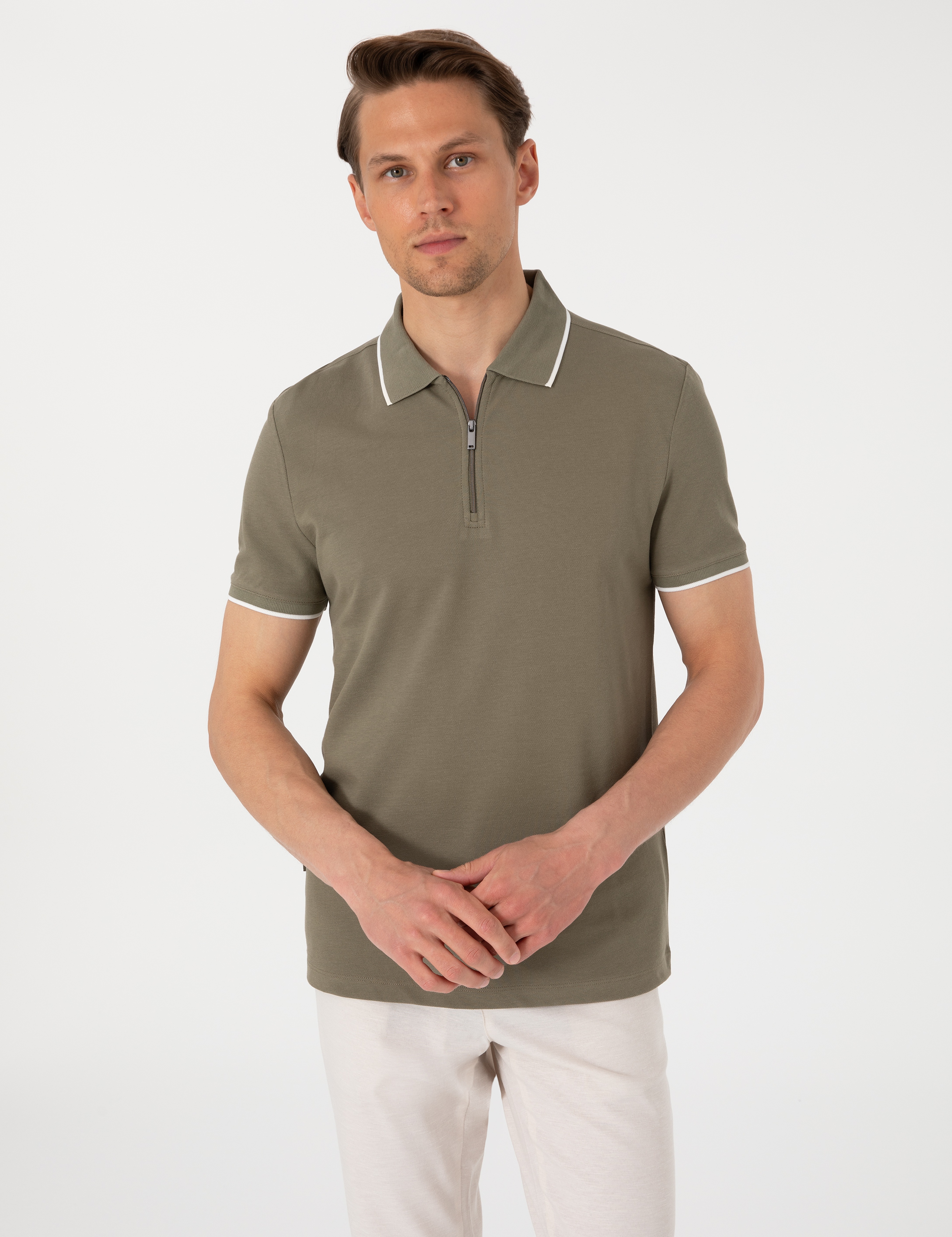 Haki Slim Fit Polo Yaka Tişört - Image 1