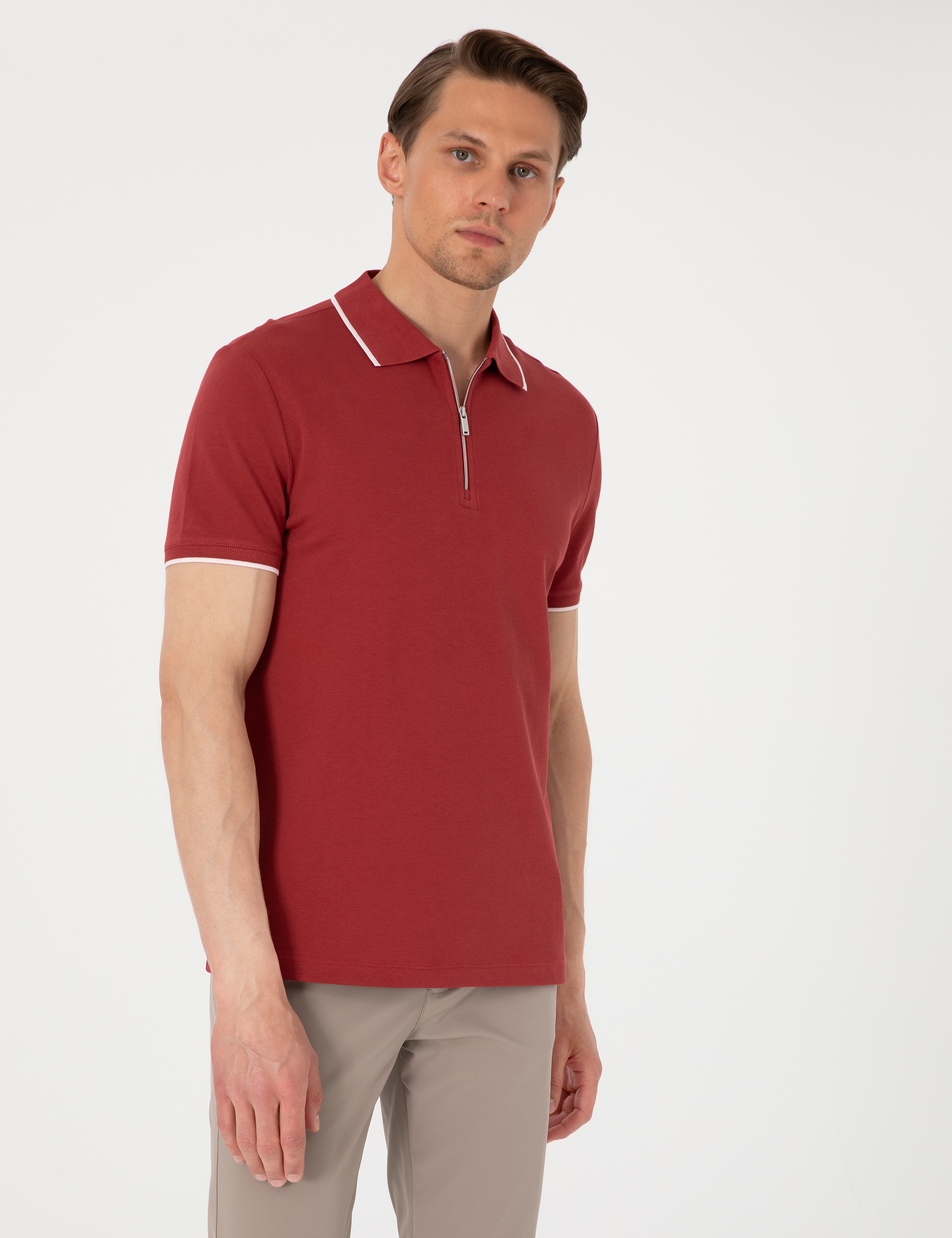 Nar Slim Fit %100 Pamuk Fermuarlı Polo Yaka Tişört - Image 3