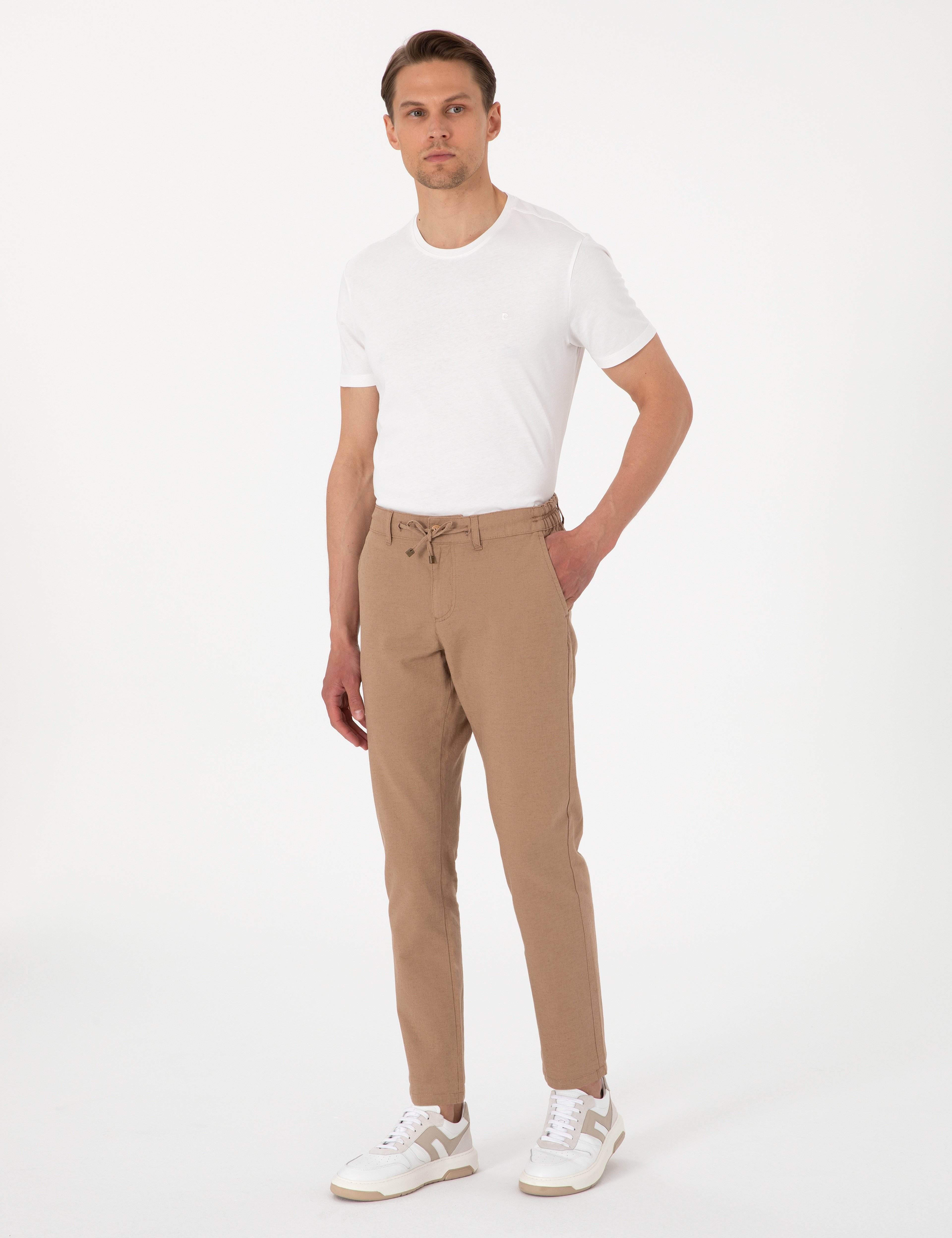 Kahverengi Slim Fit Keten Karışımlı Beli Lastikli Kanvas Pantolon