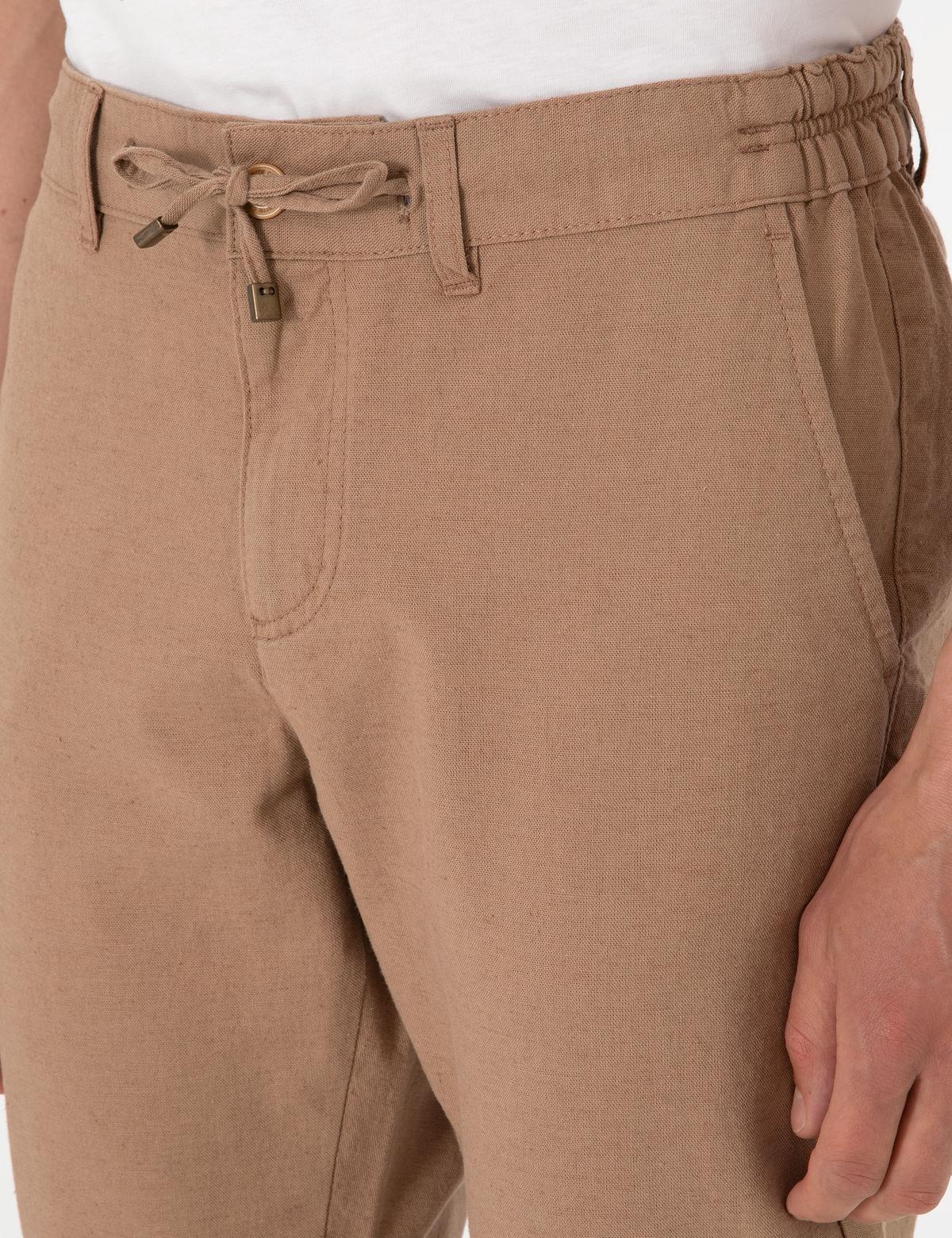 Kahverengi Slim Fit Keten Karışımlı Beli Lastikli Kanvas Pantolon - 50308076046