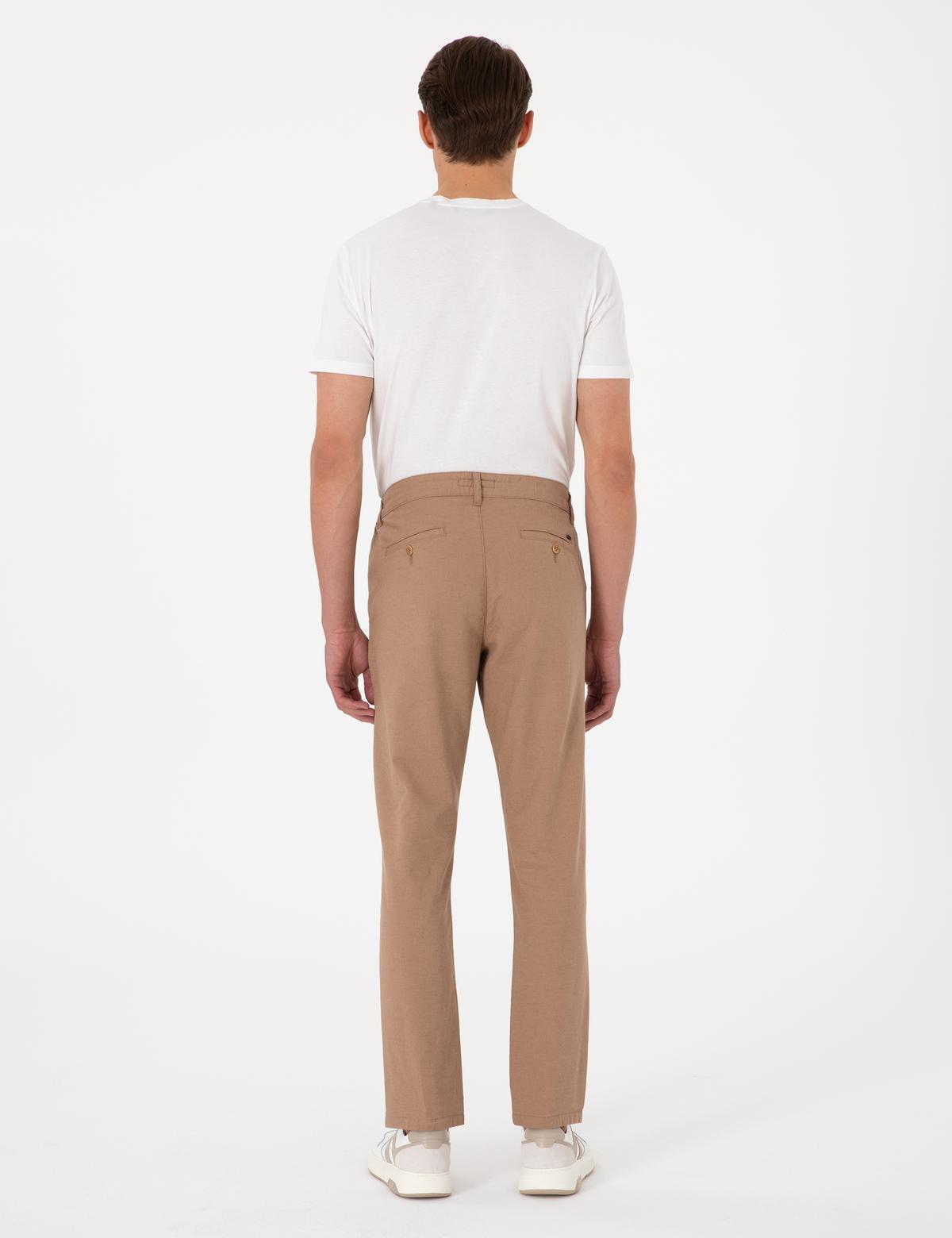 Kahverengi Slim Fit Keten Karışımlı Beli Lastikli Kanvas Pantolon - 50308076046