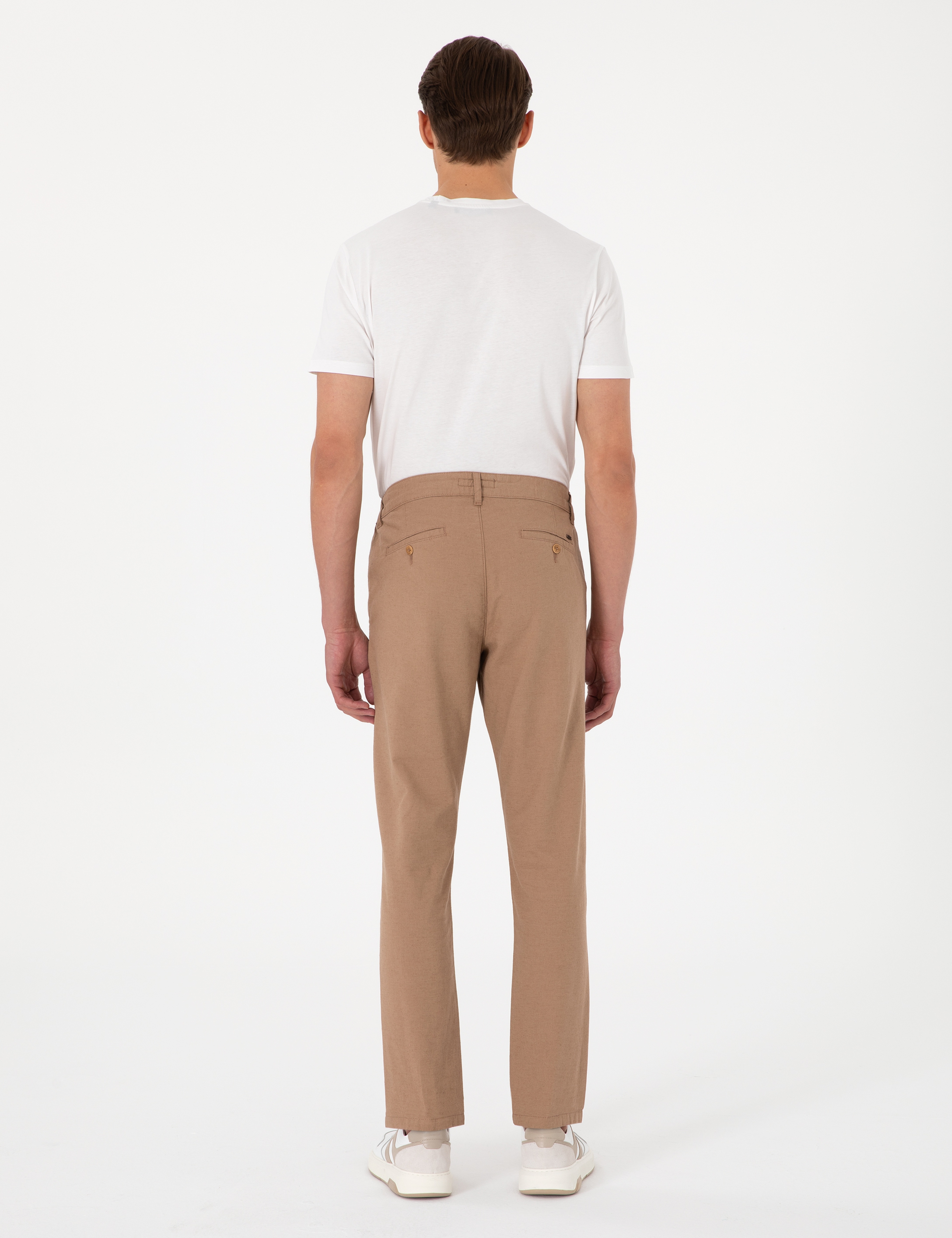 Kahverengi Slim Fit Keten Karışımlı Beli Lastikli Kanvas Pantolon