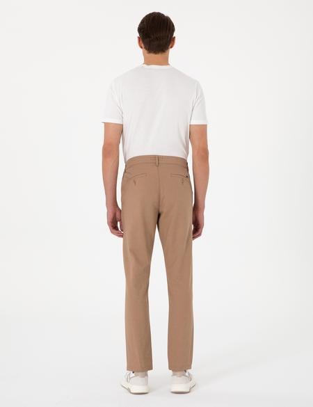 Kahverengi Slim Fit Keten Karışımlı Beli Lastikli Kanvas Pantolon - 50308076046