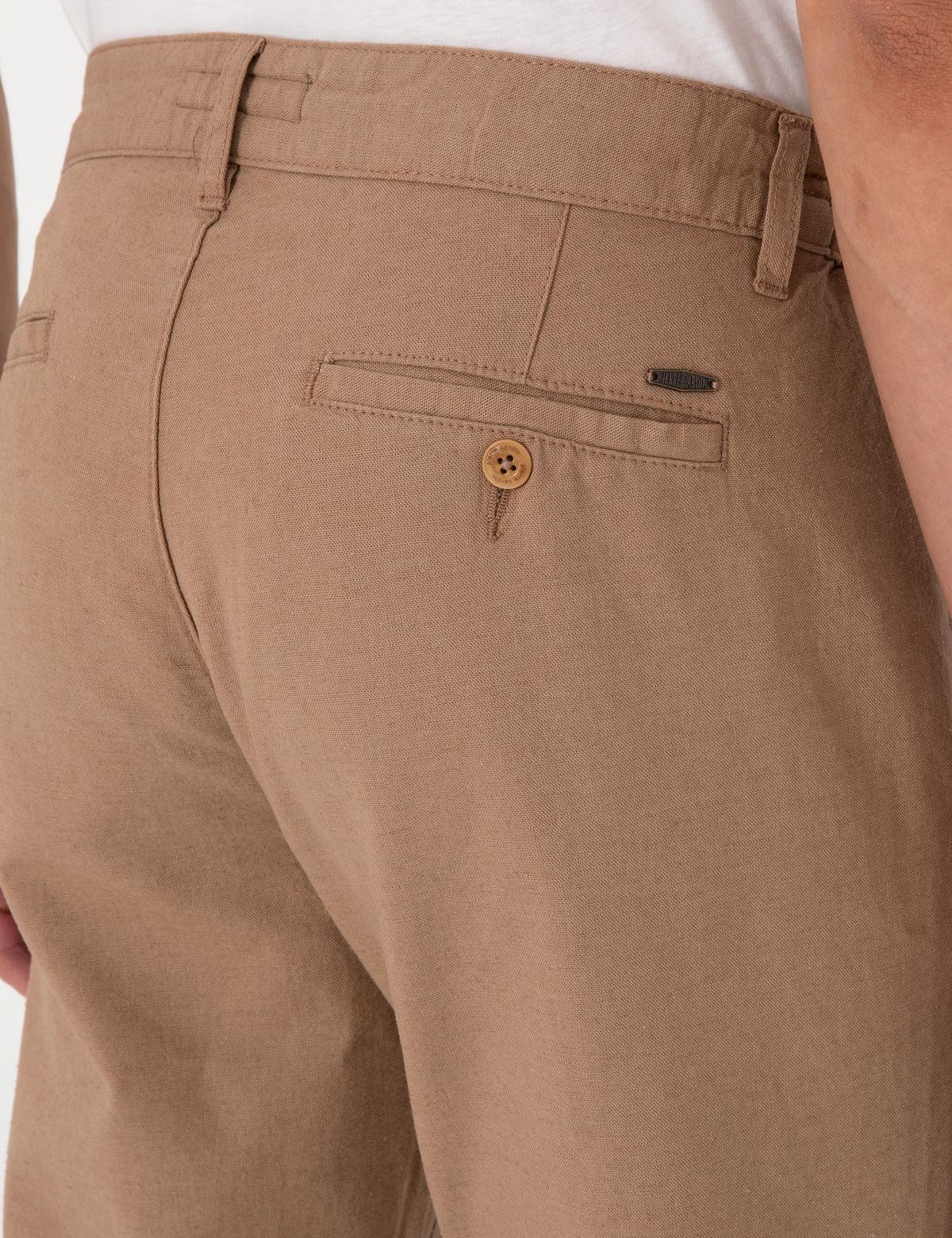 Kahverengi Slim Fit Keten Karışımlı Beli Lastikli Kanvas Pantolon - 50308076046