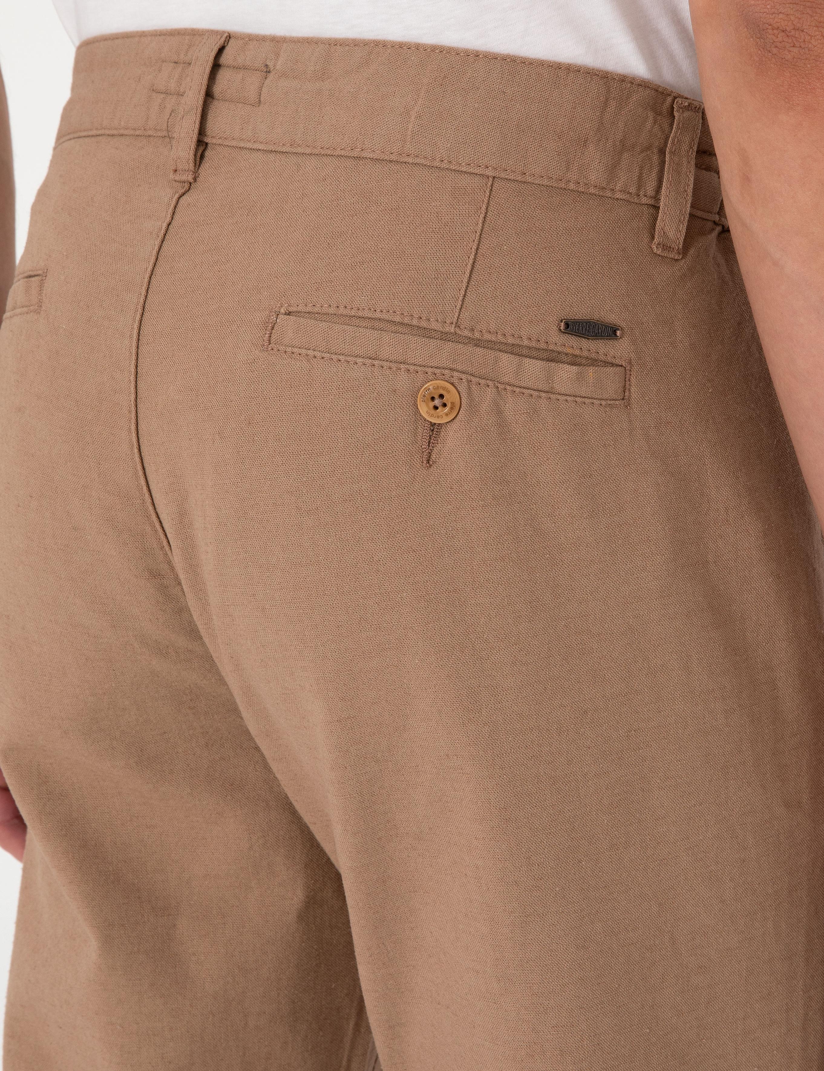 Kahverengi Slim Fit Keten Karışımlı Beli Lastikli Kanvas Pantolon