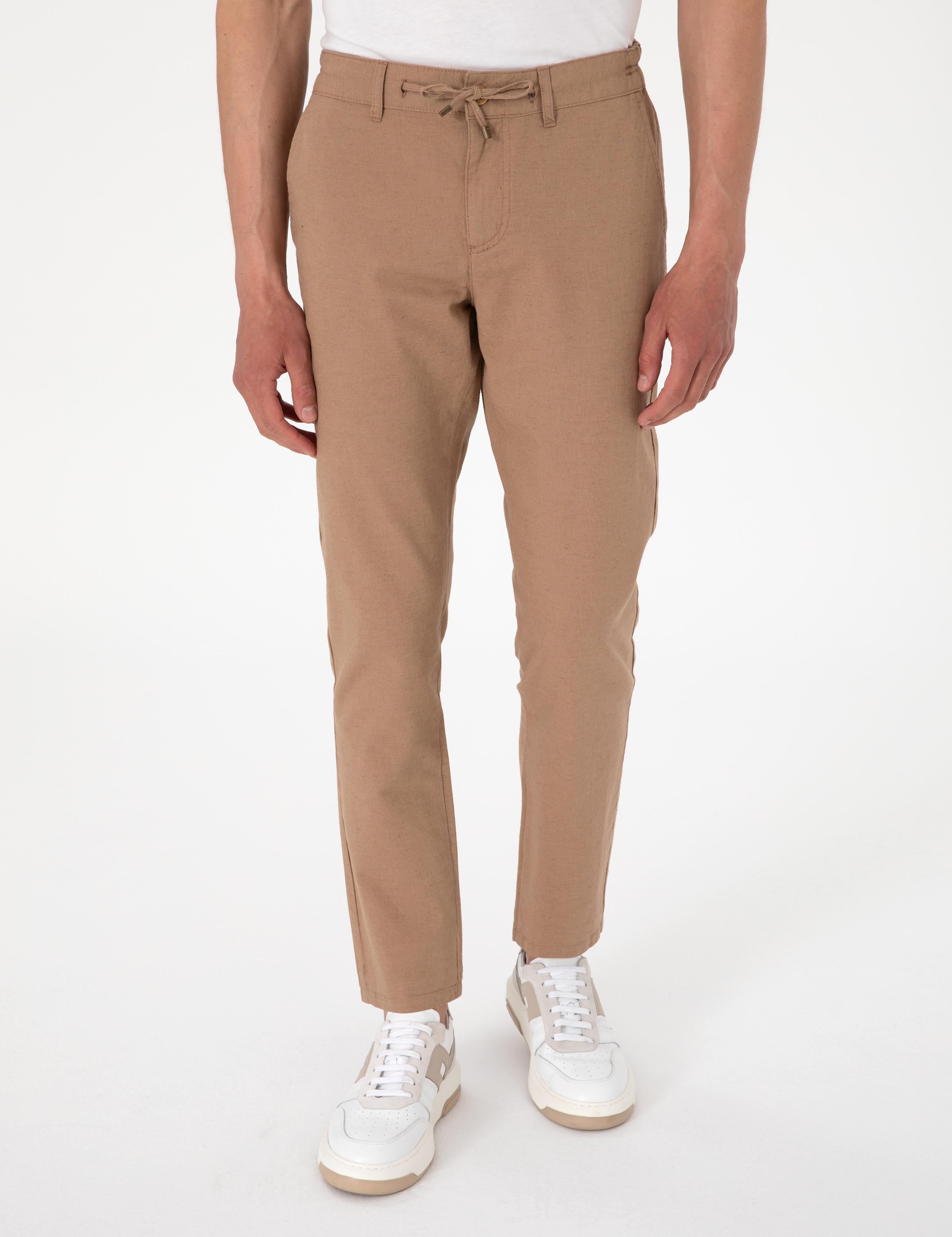 Kahverengi Slim Fit Keten Karışımlı Beli Lastikli Kanvas Pantolon