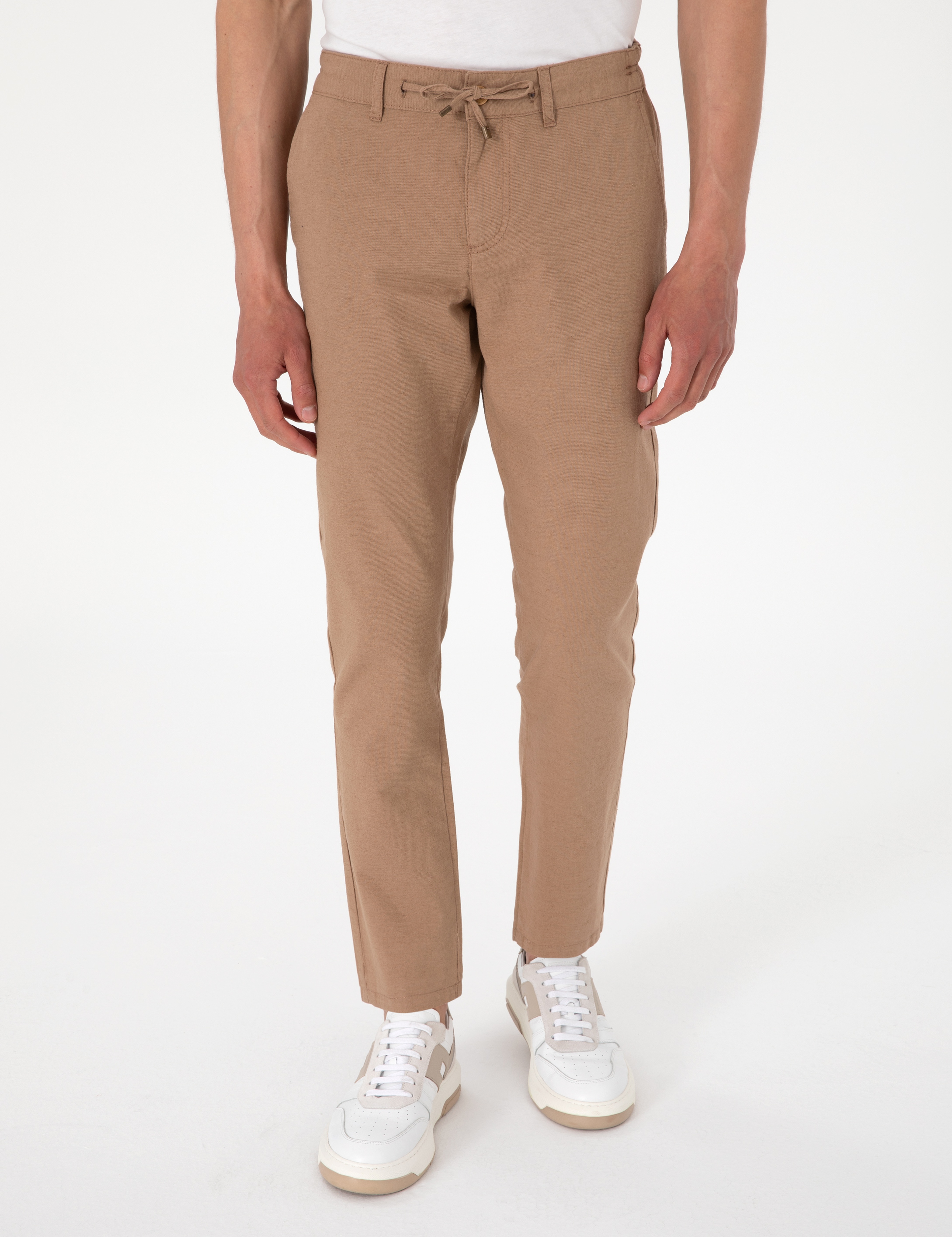 Kahverengi Slim Fit Keten Karışımlı Beli Lastikli Kanvas Pantolon - Image 2