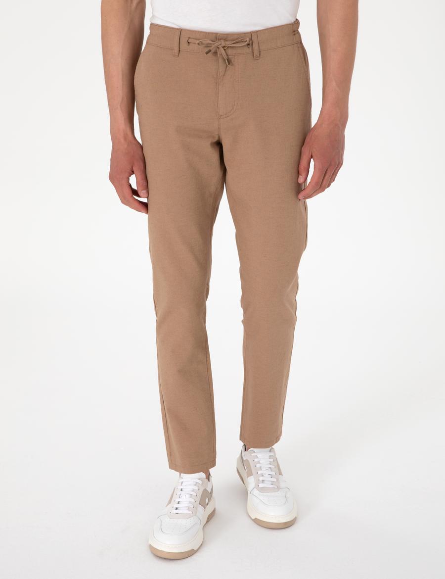 Kahverengi Slim Fit Keten Karışımlı Beli Lastikli Kanvas Pantolon