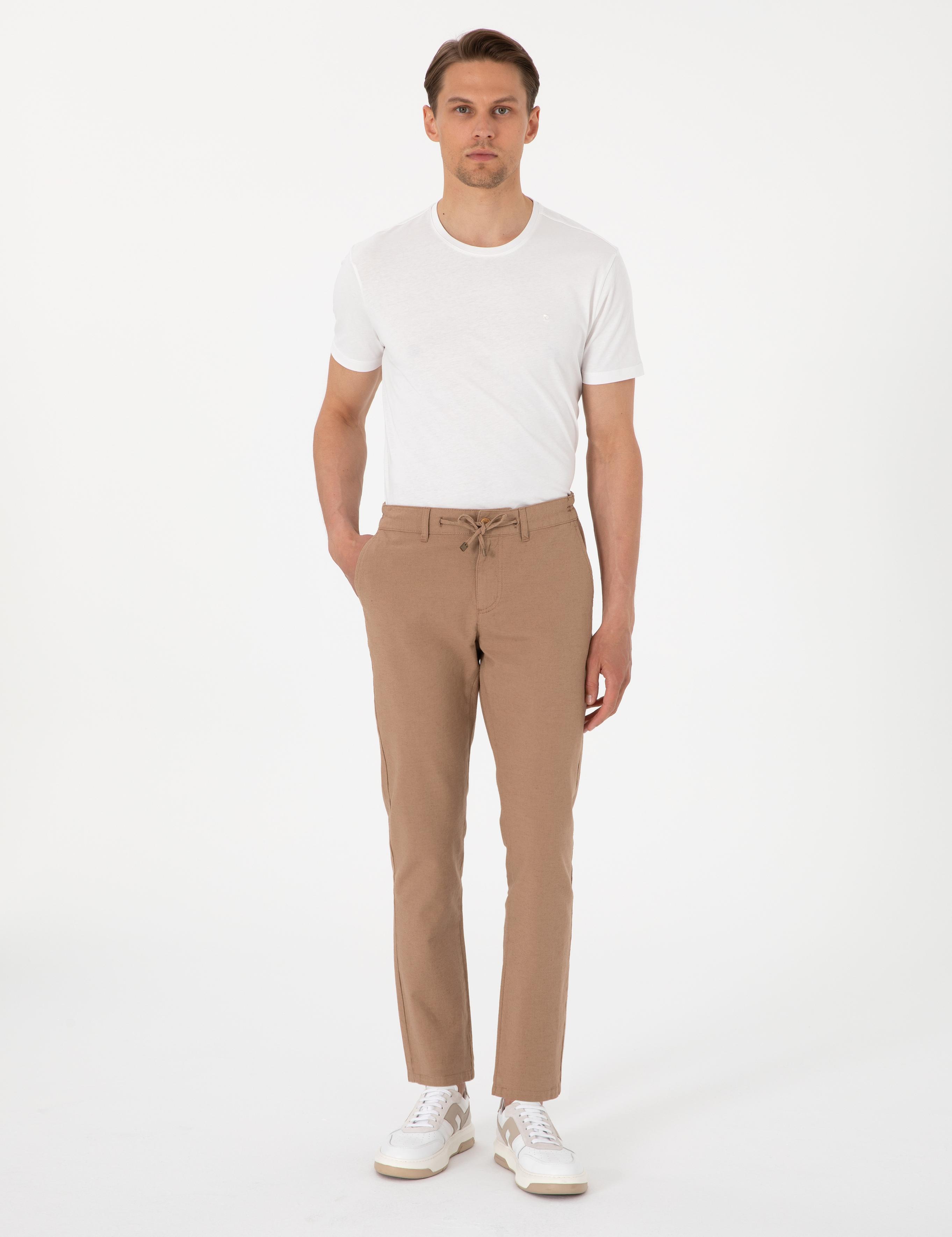 Kahverengi Slim Fit Keten Karışımlı Beli Lastikli Kanvas Pantolon