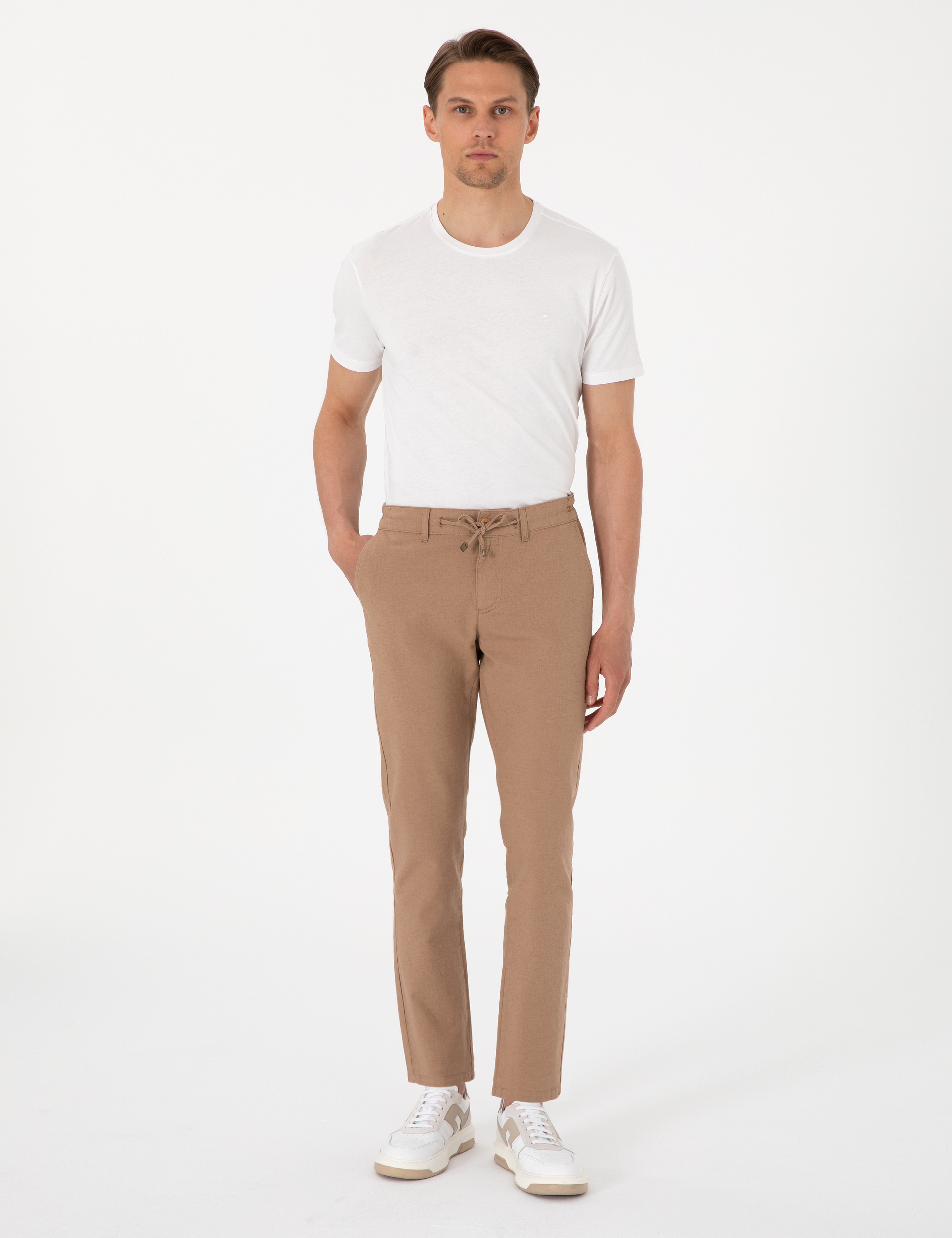 Kahverengi Slim Fit Keten Karışımlı Beli Lastikli Kanvas Pantolon - Image 1