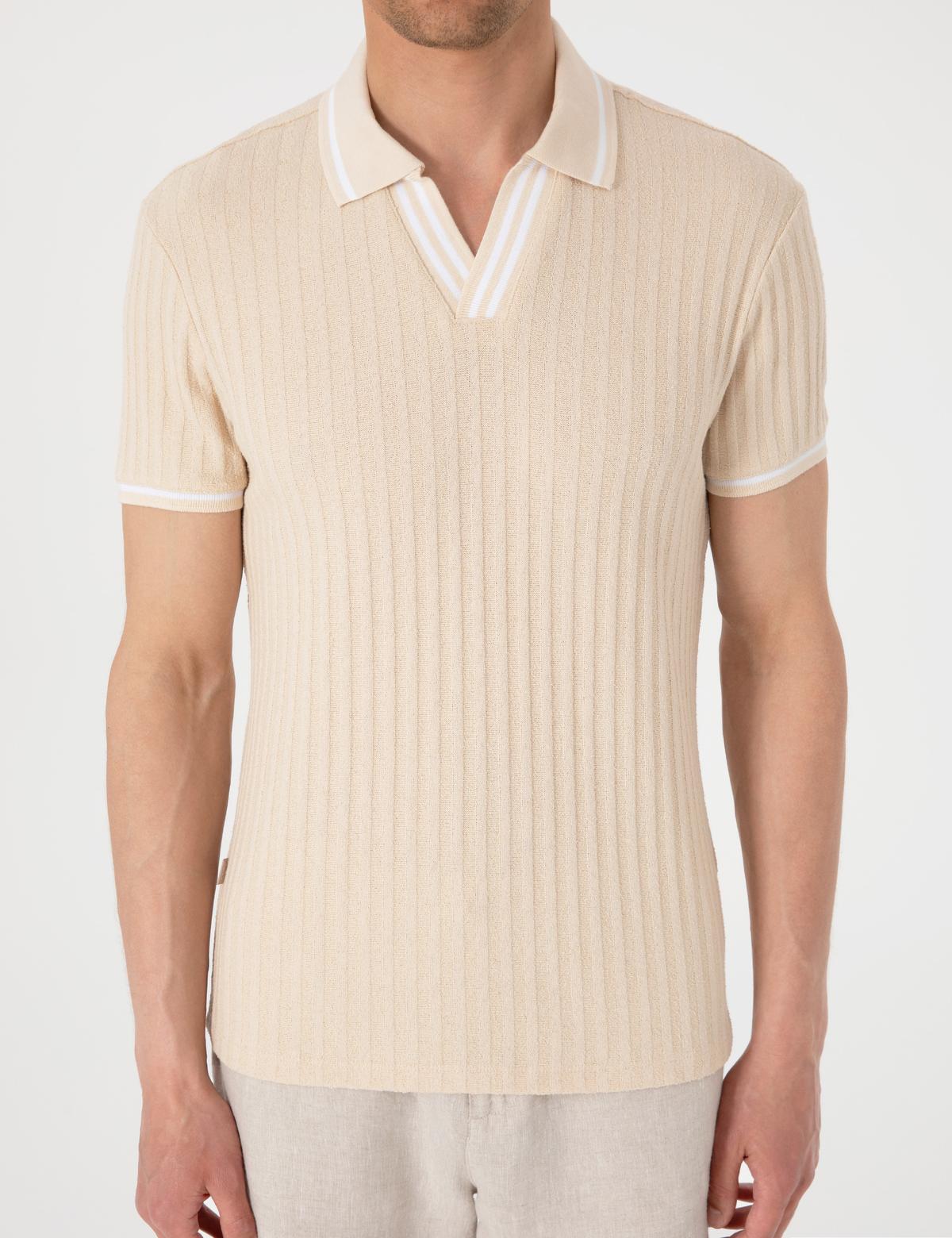 Bej Slim Fit Örme Dokulu Polo Yaka Tişört - 50310162023