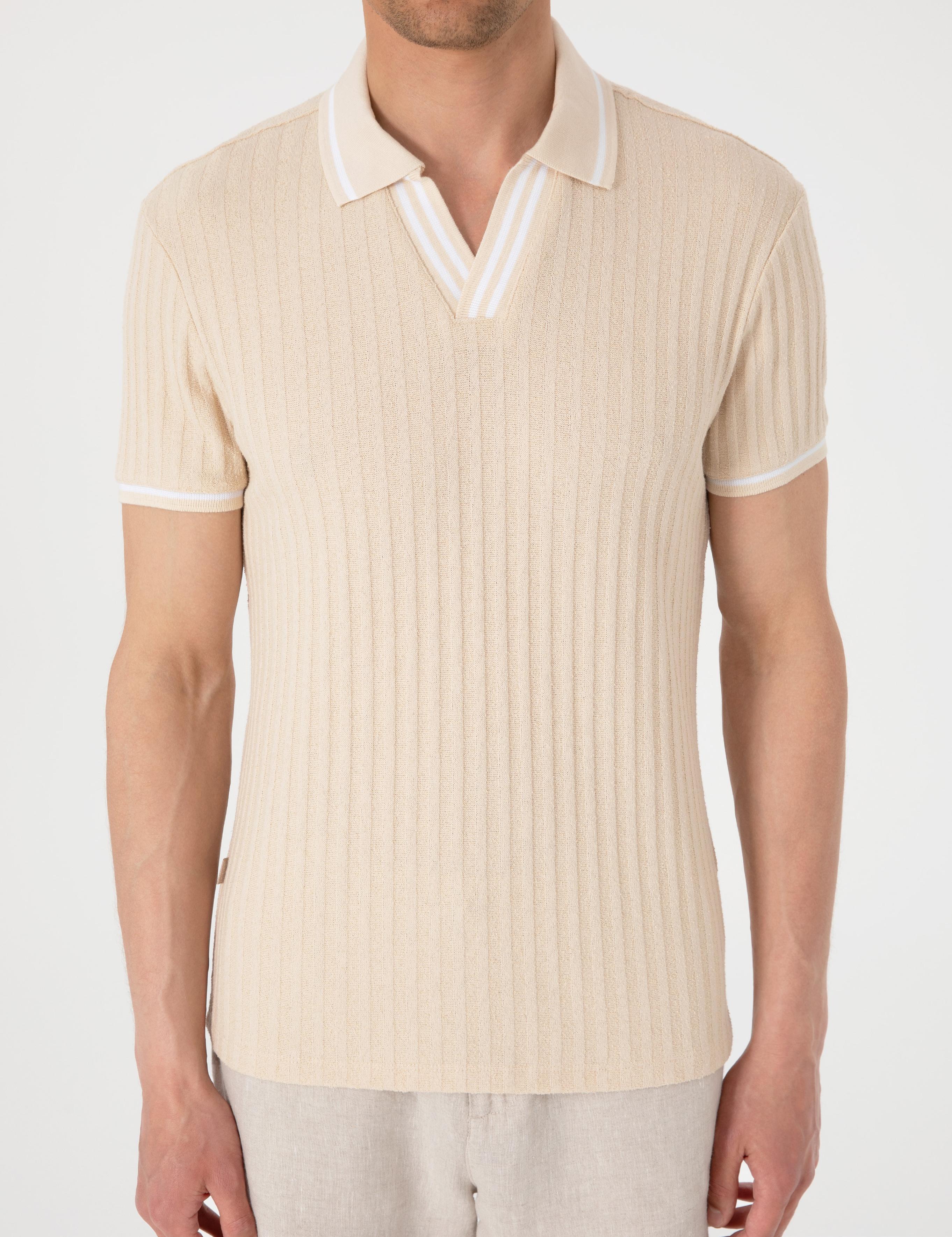 Bej Slim Fit Örme Dokulu Polo Yaka Tişört