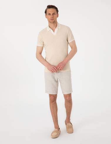 Bej Slim Fit Örme Dokulu Apaş Yaka Tişört