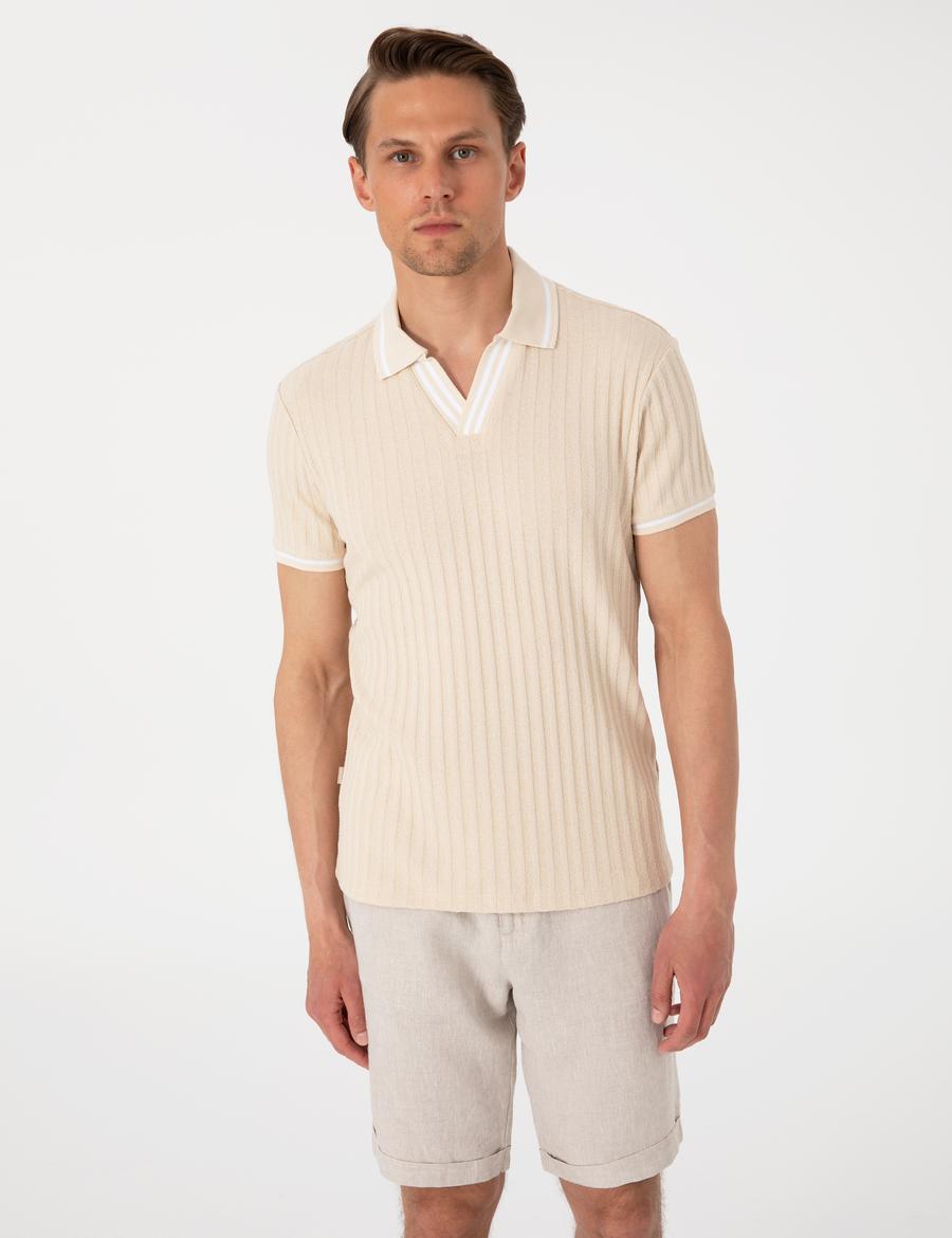 Bej Slim Fit Örme Dokulu Polo Yaka Tişört