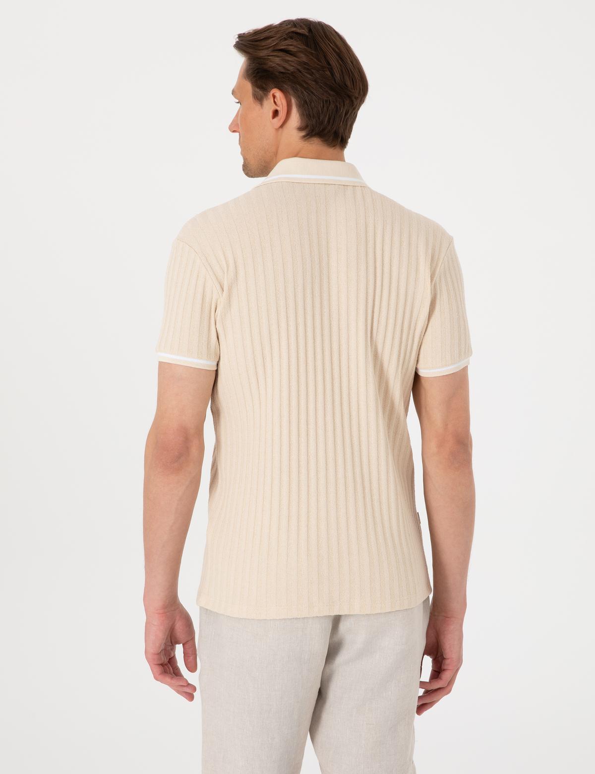 Bej Slim Fit Örme Dokulu Polo Yaka Tişört - 50310162023