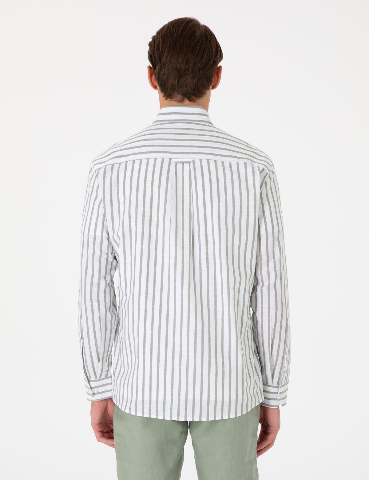 Haki  Regular Fit Çizgili Uzun Kollu Gömlek - 50307093005