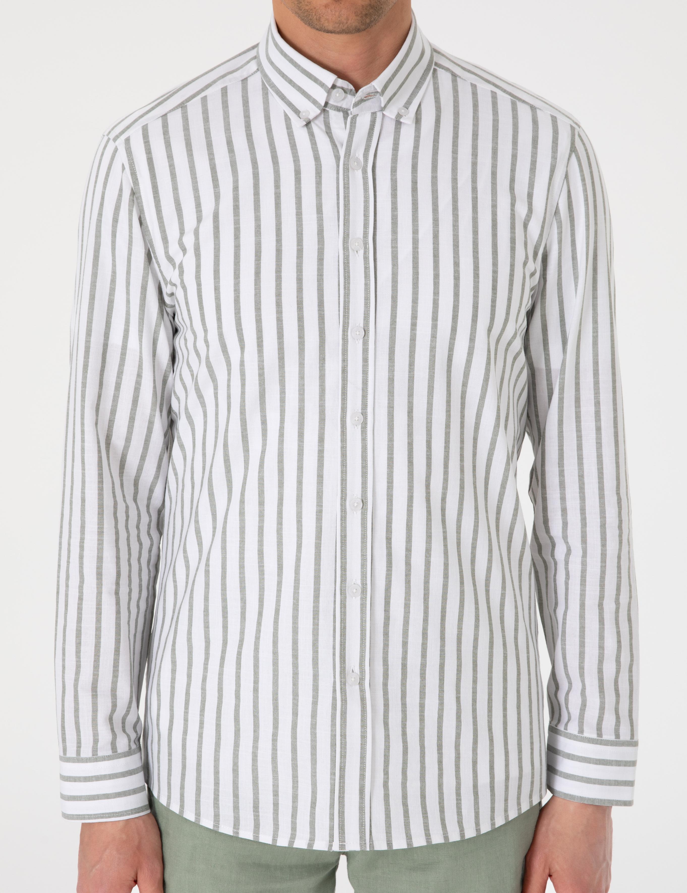 Haki  Regular Fit Çizgili Uzun Kollu Gömlek