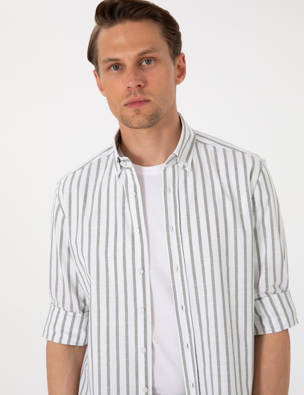 Haki  Regular Fit Çizgili Uzun Kollu Gömlek - 50307093005