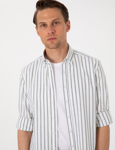 Haki  Regular Fit Çizgili Uzun Kollu Gömlek - 50307093005