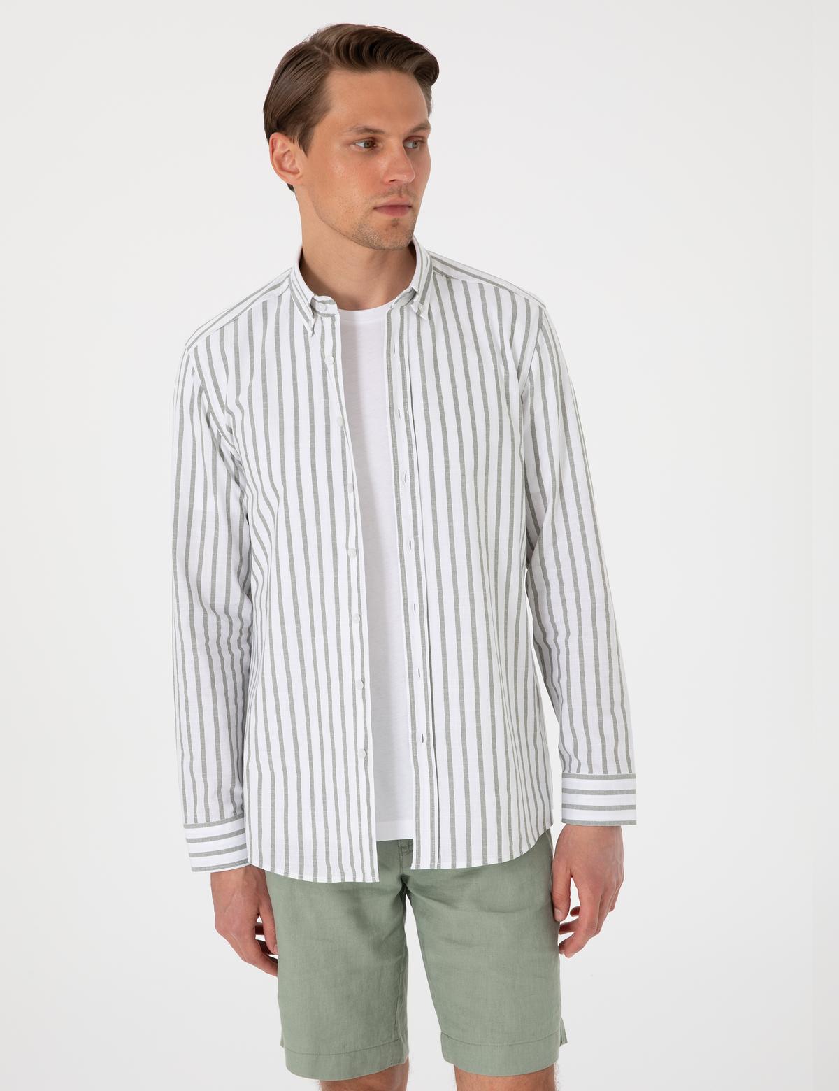 Haki  Regular Fit Çizgili Uzun Kollu Gömlek - 50307093005