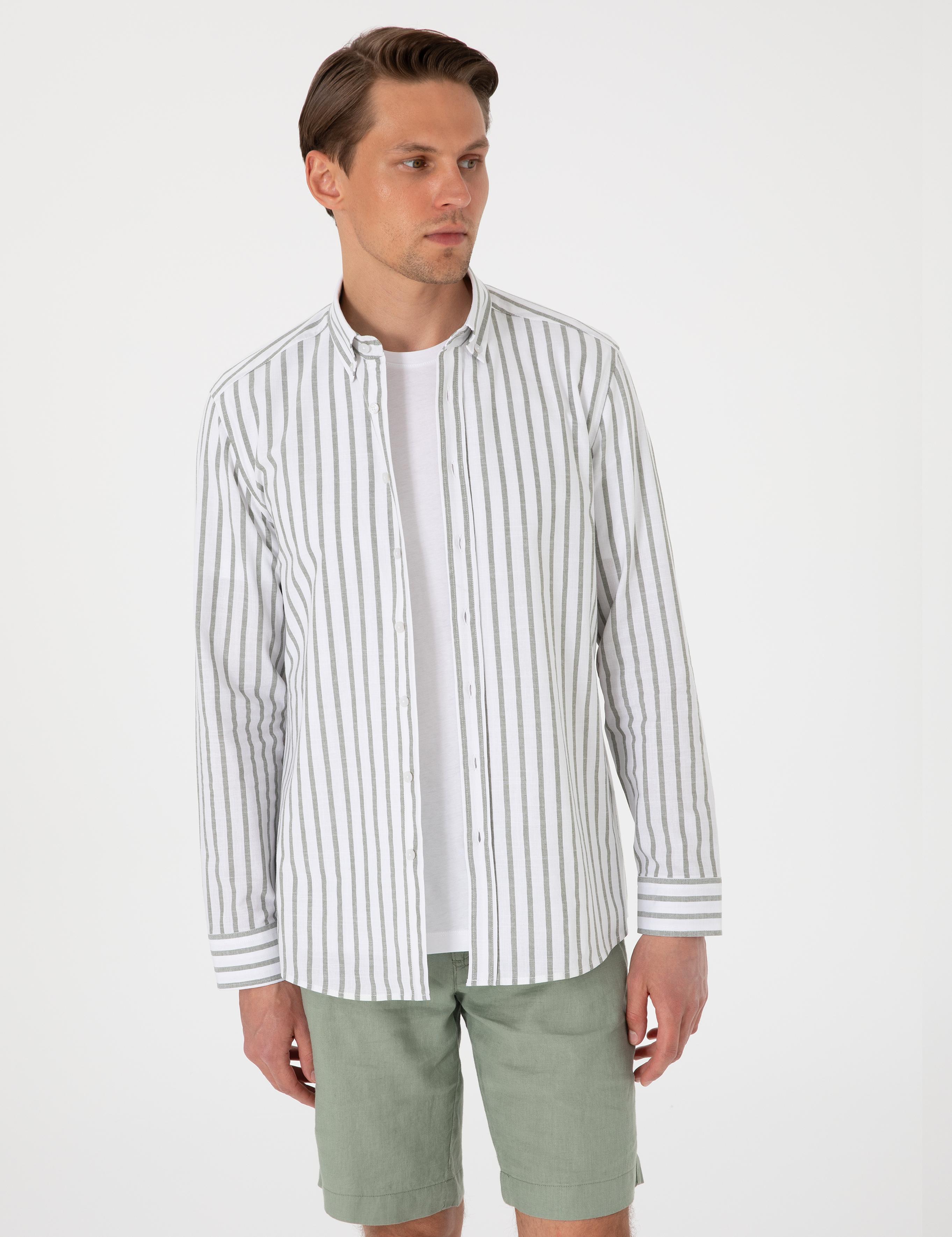 Haki  Regular Fit Çizgili Uzun Kollu Gömlek