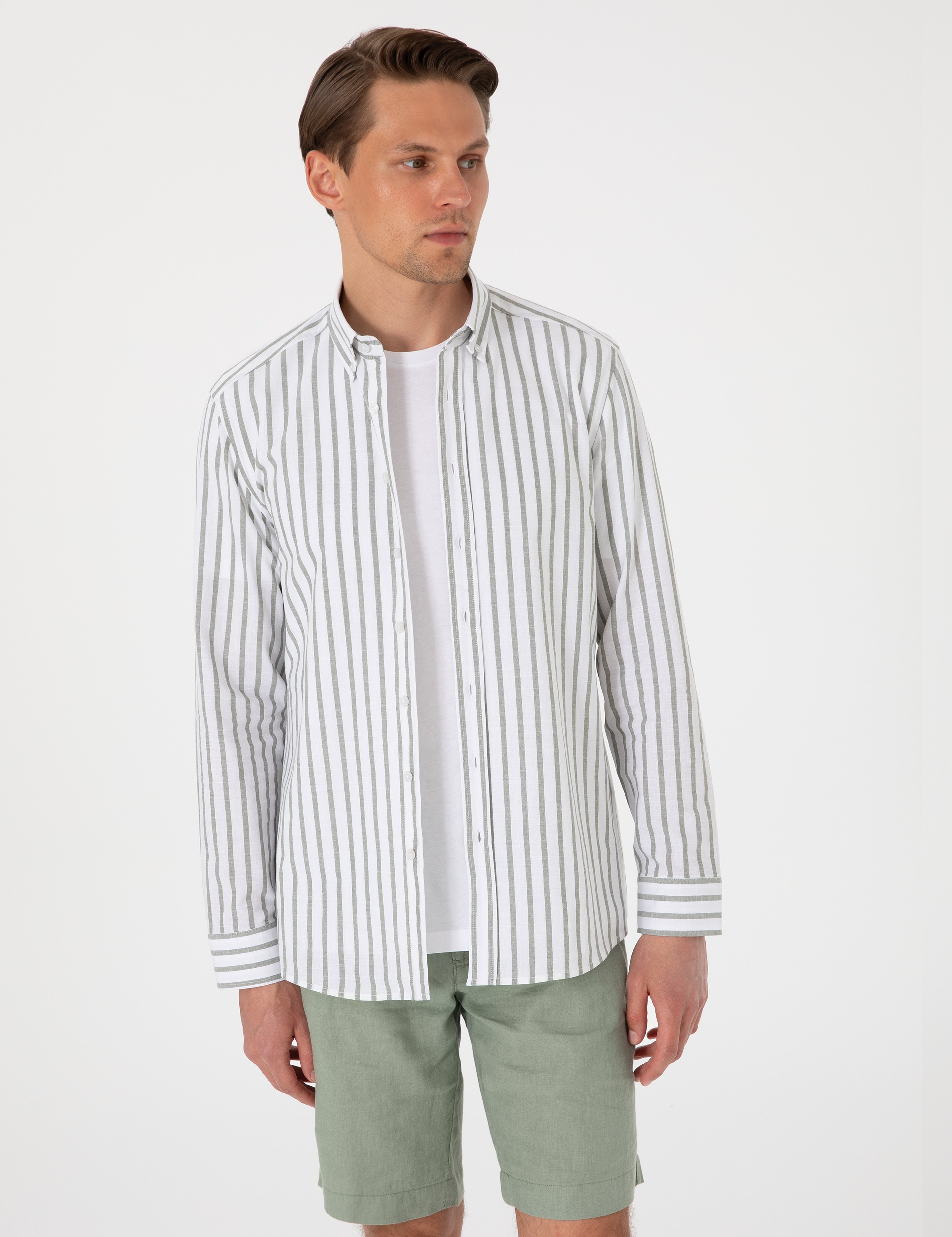 Haki Regular Fit Çizgili Uzun Kollu Gömlek - Image 3