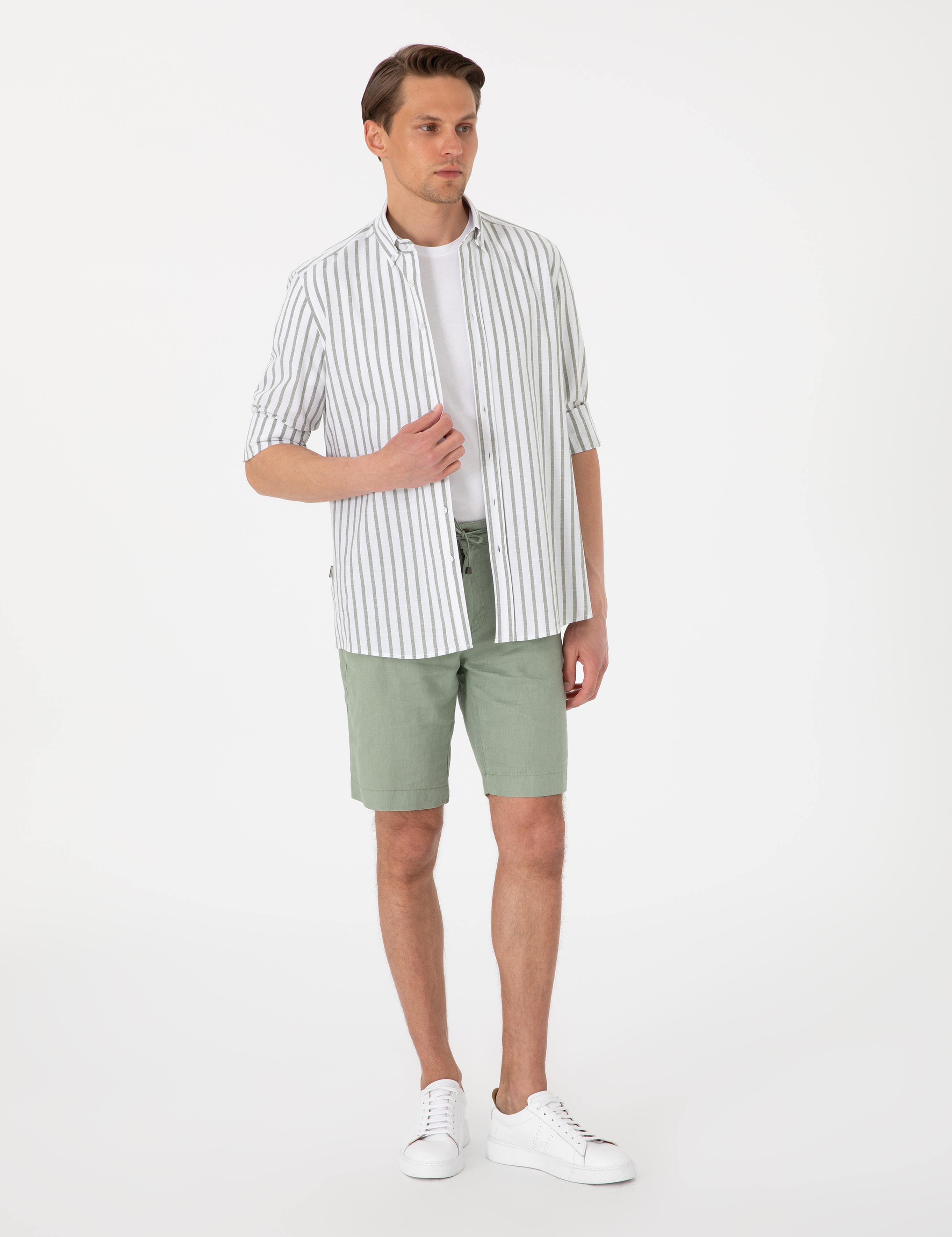 Haki  Regular Fit Çizgili Uzun Kollu Gömlek