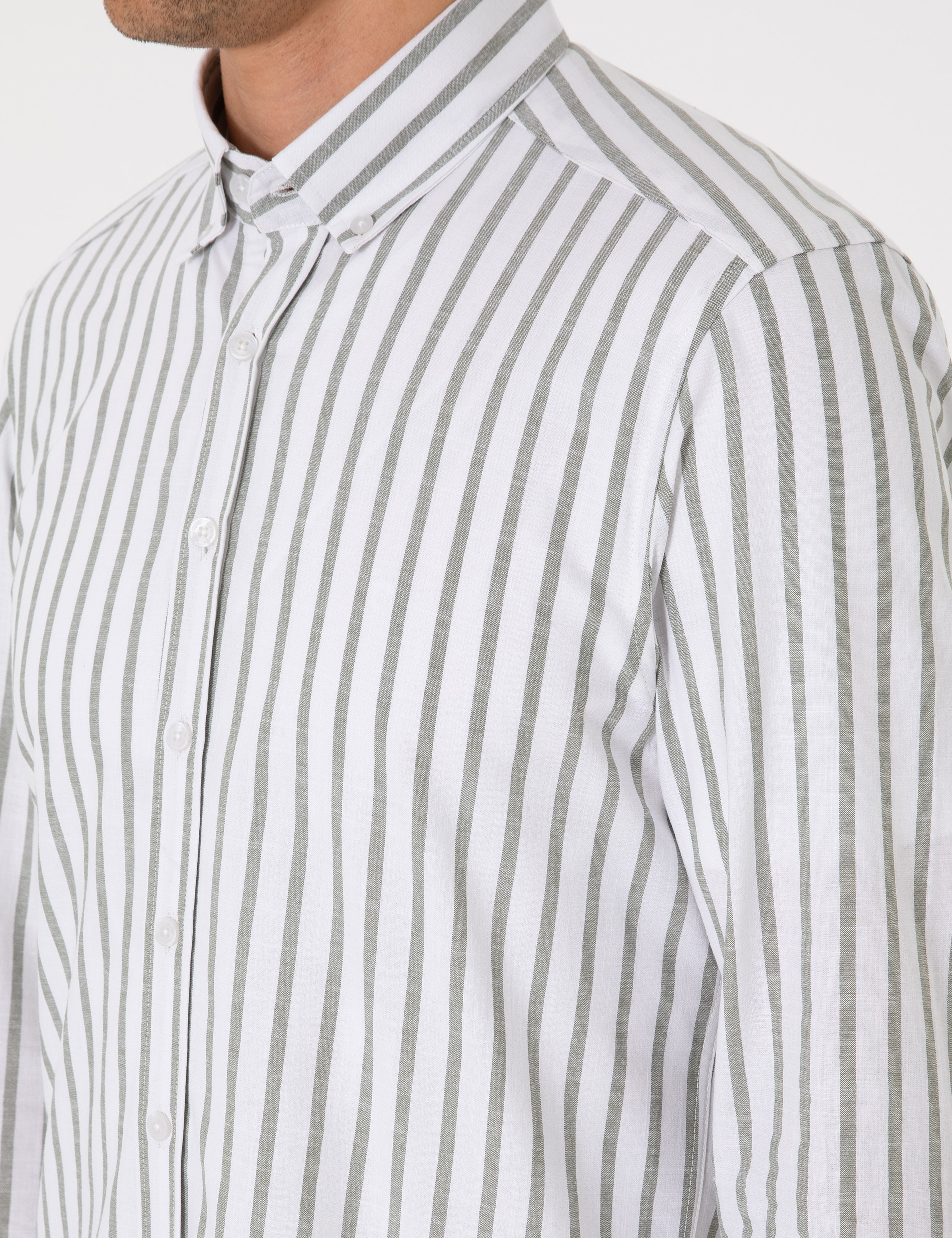 Haki Regular Fit Çizgili Uzun Kollu Gömlek - Image 7