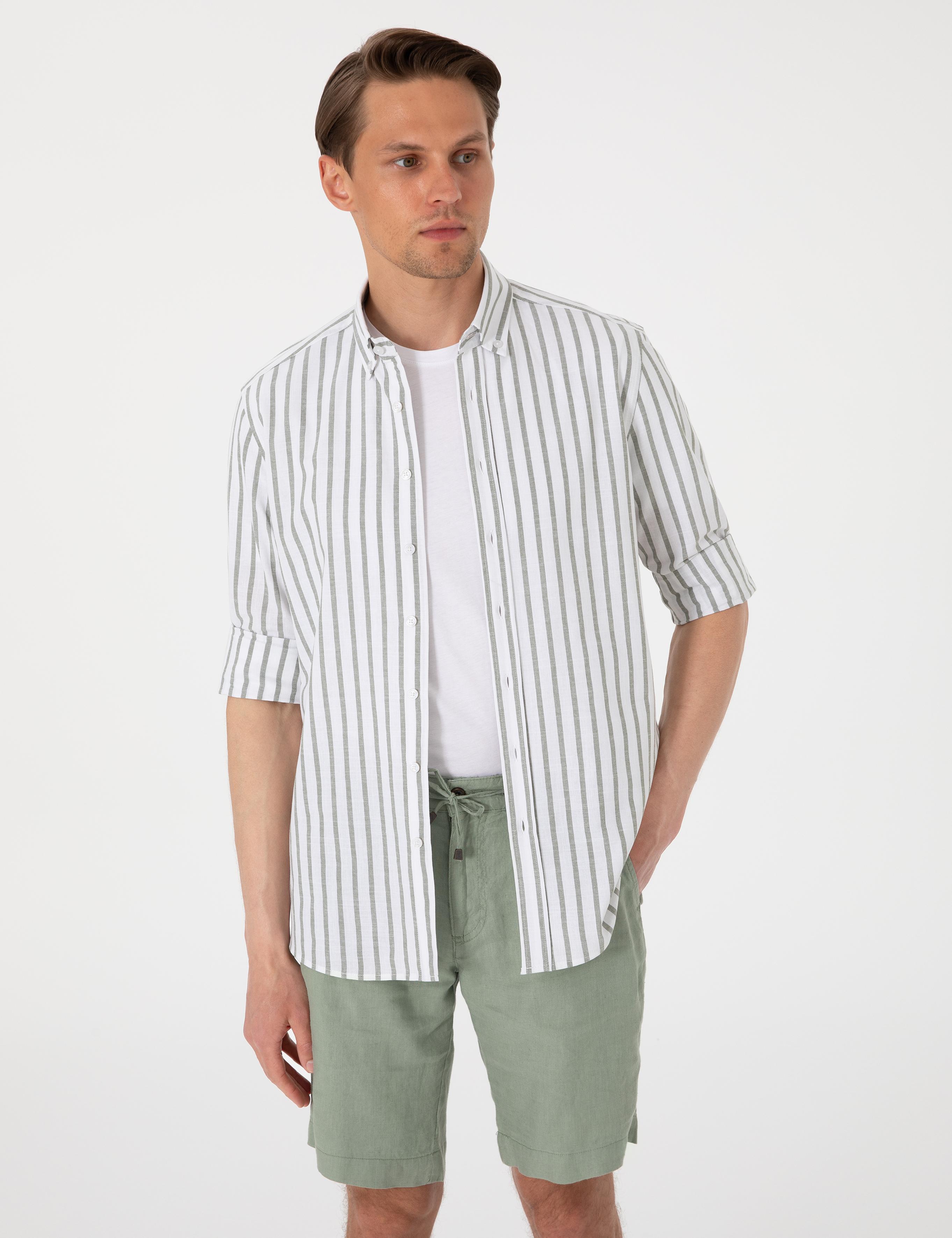 Haki  Regular Fit Çizgili Uzun Kollu Gömlek