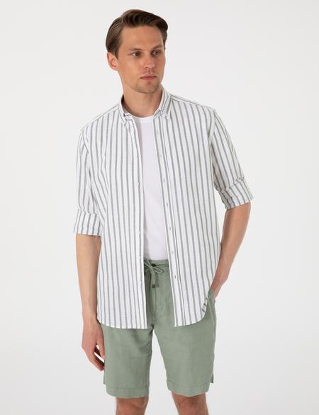 Haki  Regular Fit Çizgili Uzun Kollu Gömlek - 50307093005