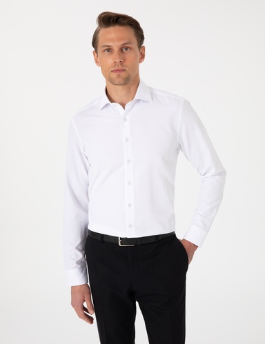 Beyaz Slim Fit Uzun Kollu Armürlü Gömlek
