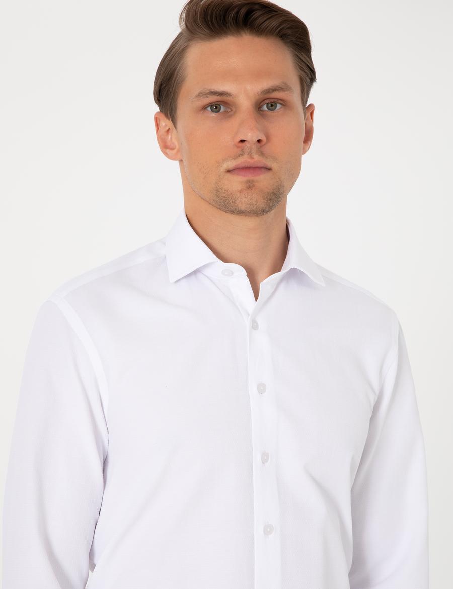 Beyaz Slim Fit Uzun Kollu Armürlü Gömlek