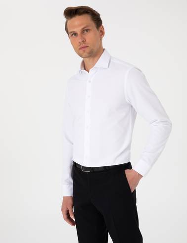 Beyaz Slim Fit Uzun Kollu Armürlü Gömlek