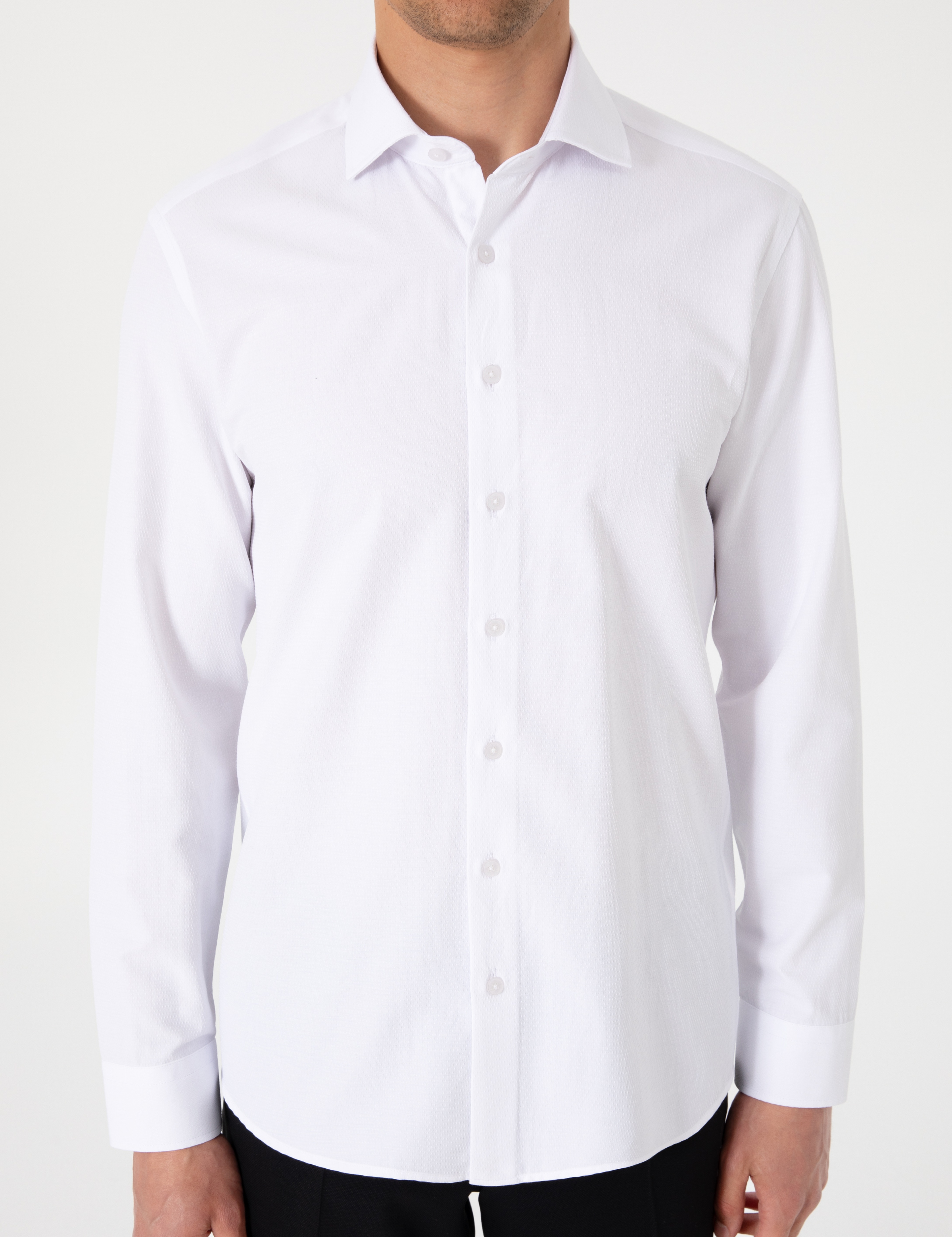 Beyaz Slim Fit Uzun Kollu Armürlü Gömlek - Image 6