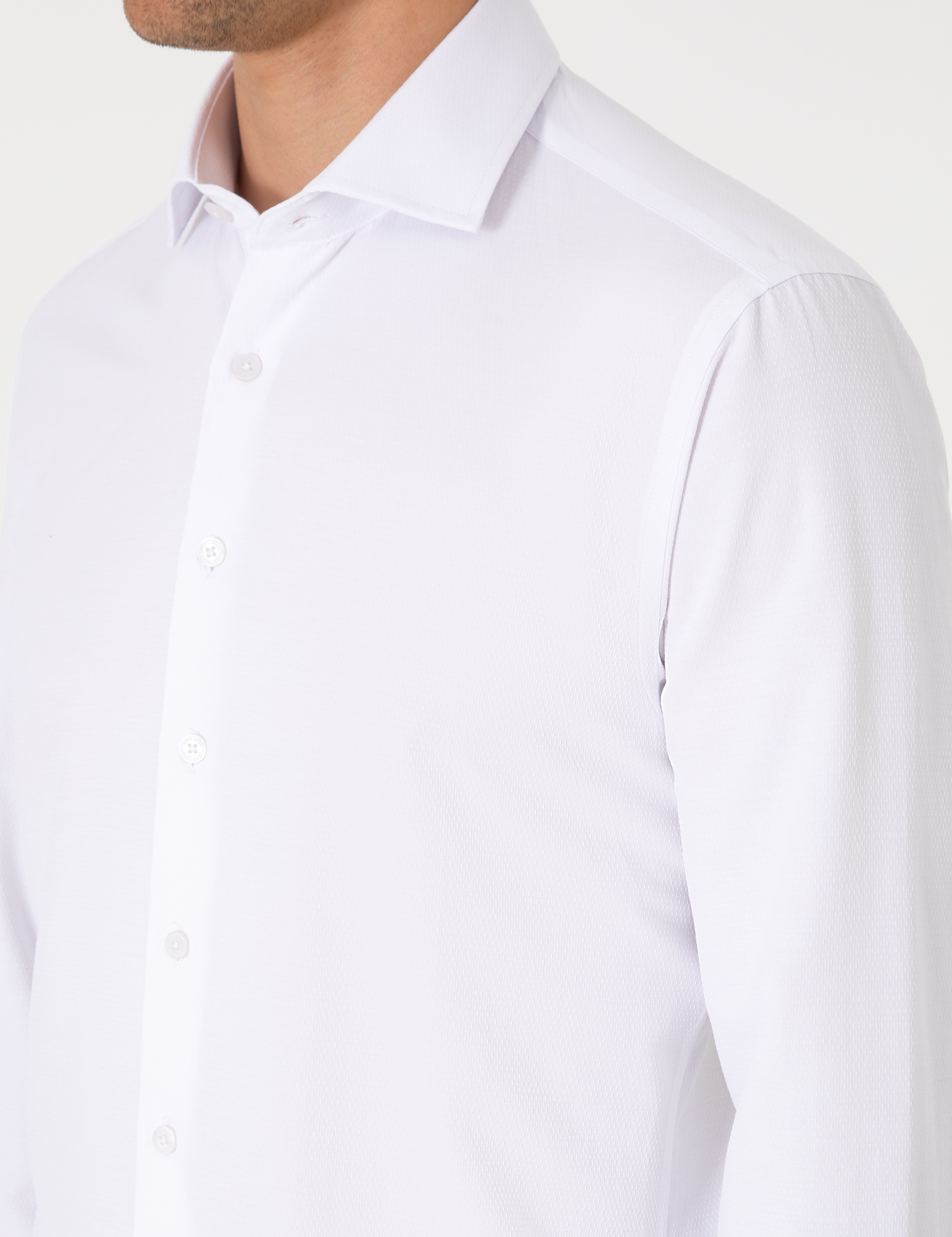 Beyaz Slim Fit Uzun Kollu Armürlü Gömlek - Image 7