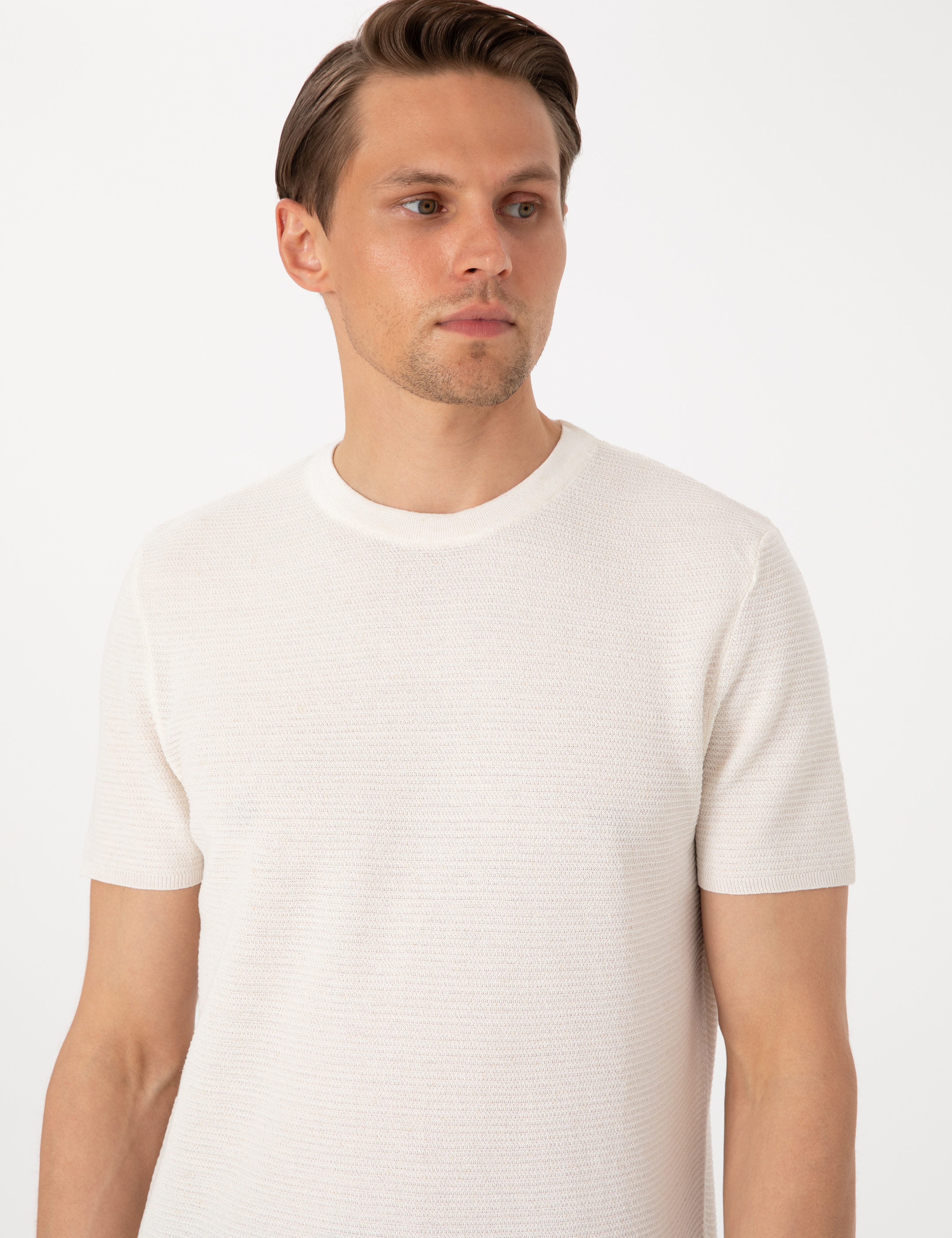 Ekru Slim Fit Keten Karışımlı Bisiklet Yaka Triko Tişört - Image 2