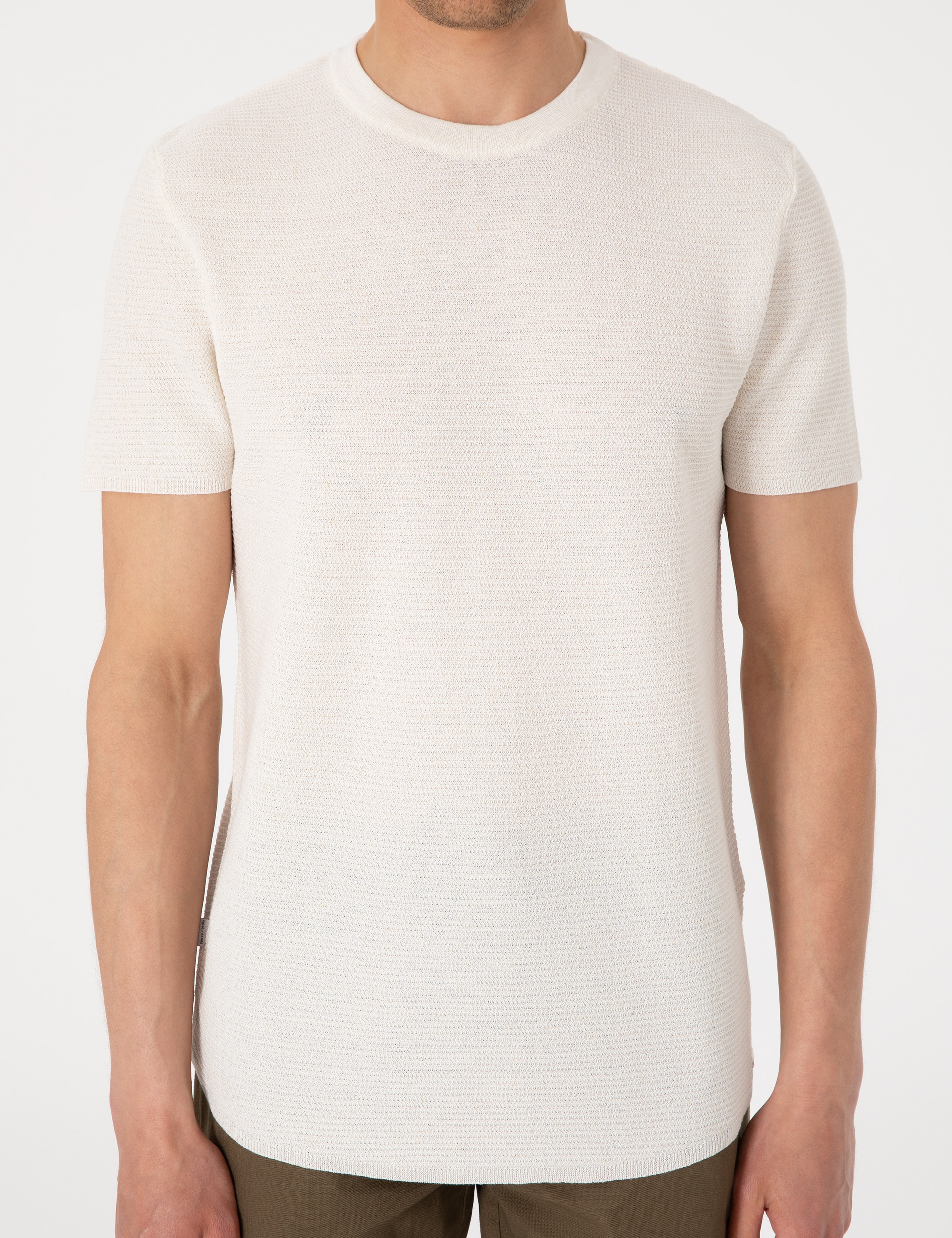Ekru Slim Fit Keten Karışımlı Bisiklet Yaka Triko Tişört - Image 6
