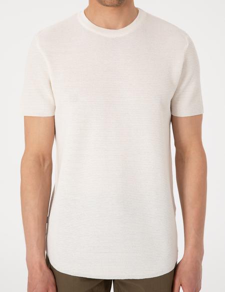 Ekru Slim Fit Keten Karışımlı Bisiklet Yaka Triko Tişört - 50305973006