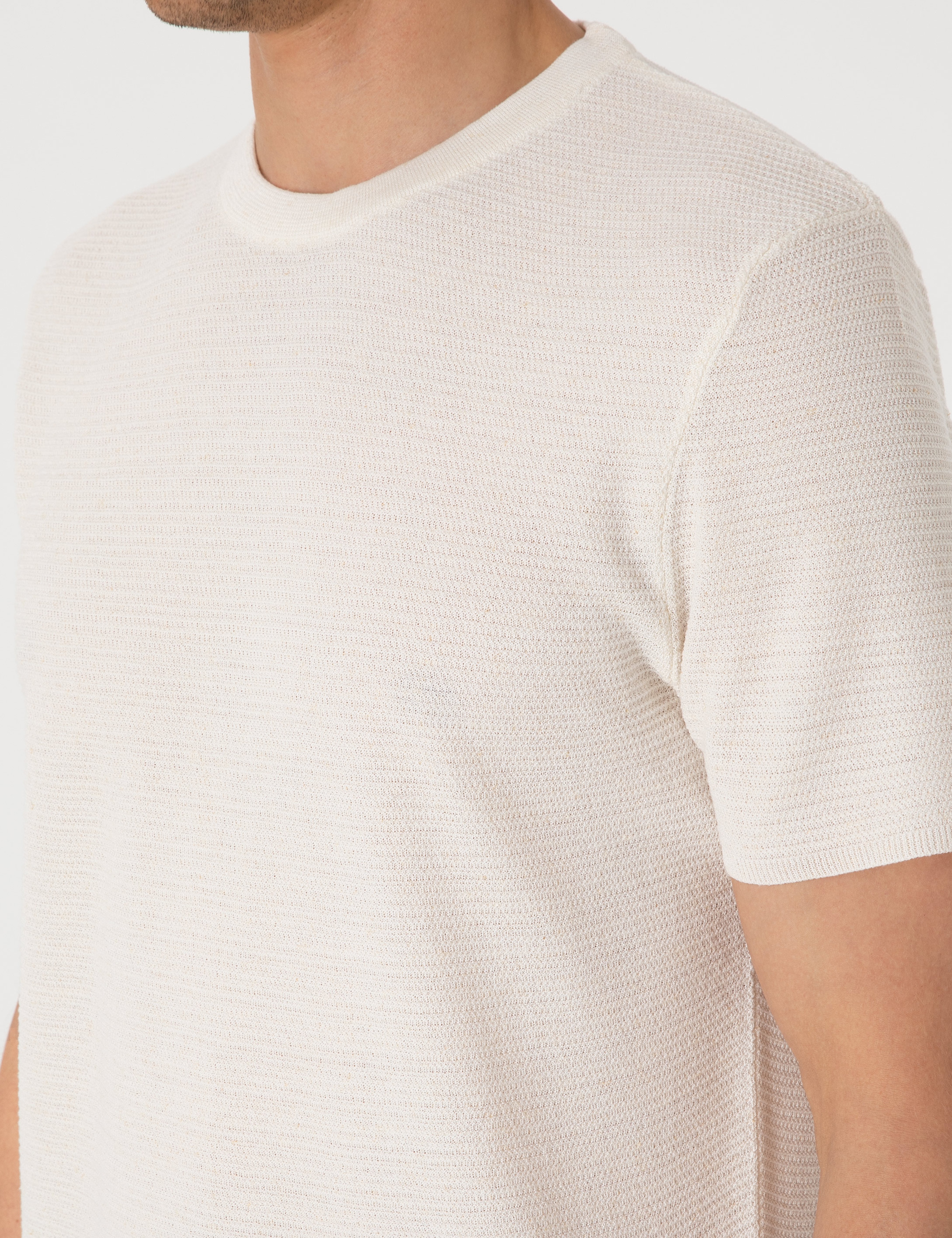 Ekru Slim Fit Keten Karışımlı Bisiklet Yaka Triko Tişört - Image 7