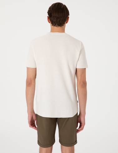 Ekru Slim Fit Keten Karışımlı Bisiklet Yaka Triko Tişört