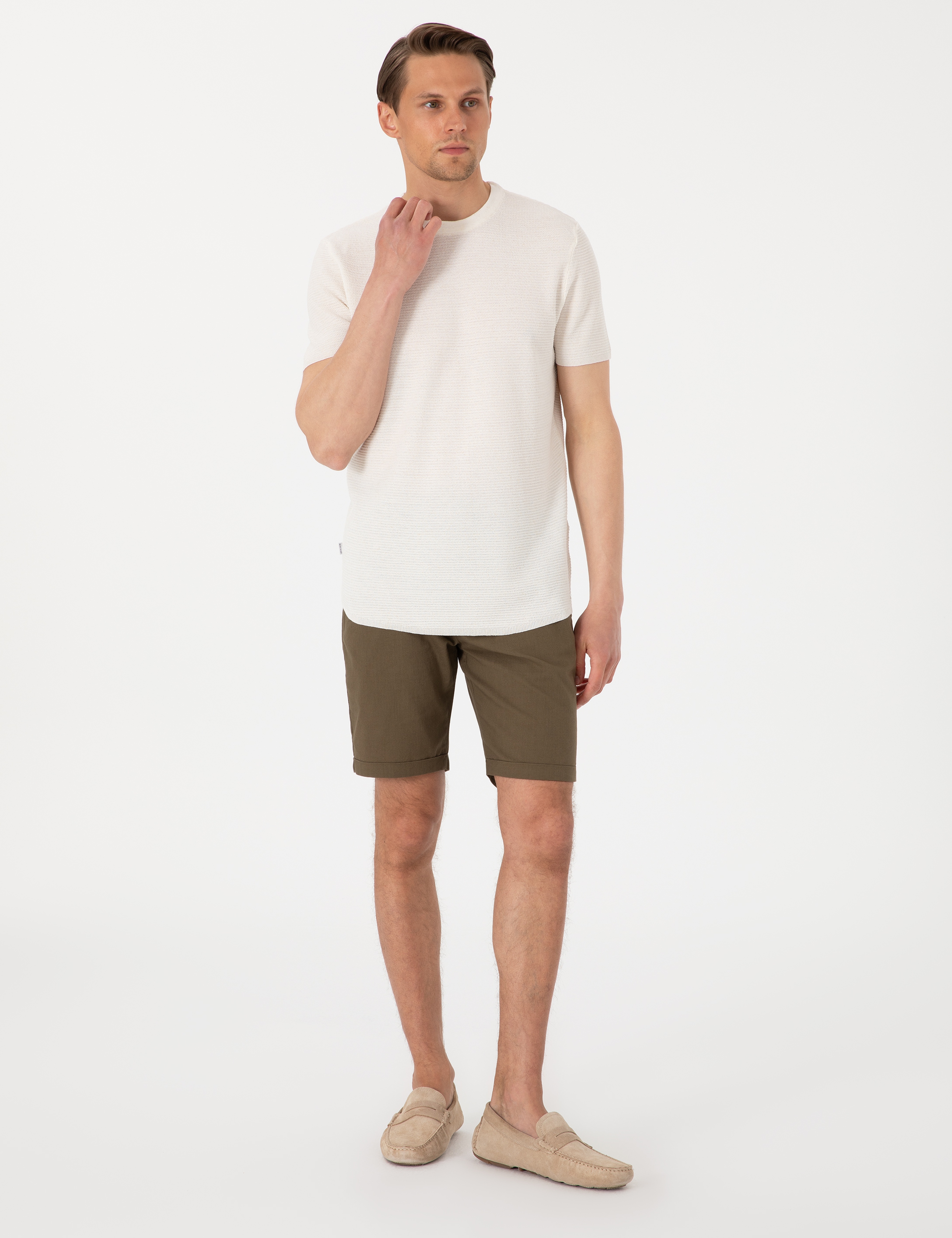 Ekru Slim Fit Keten Karışımlı Bisiklet Yaka Triko Tişört - Image 4