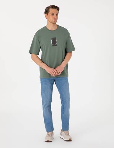 Haki Comfort Fit Bisiklet Yaka Tişört