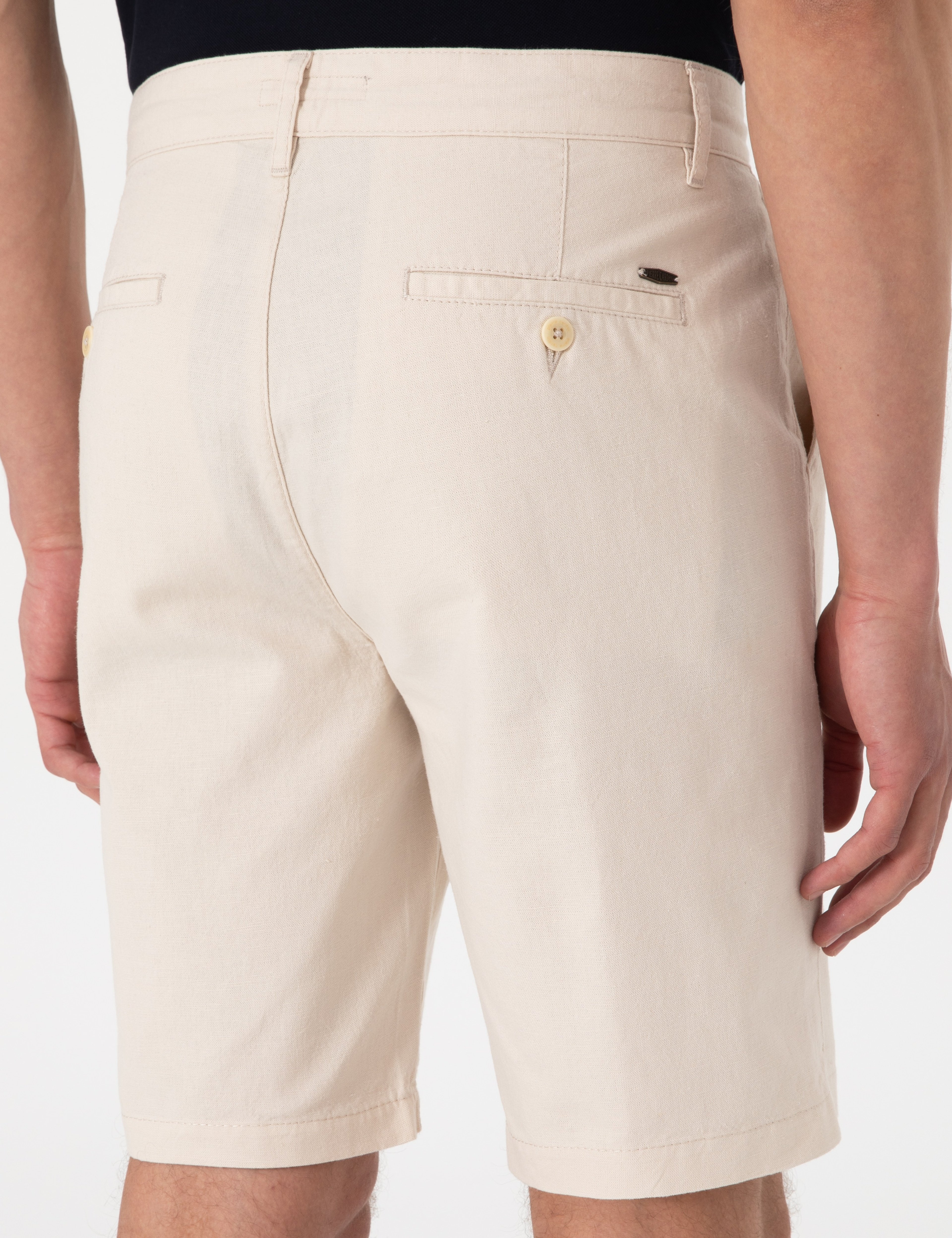 Bej Slim Fit Keten Karışımlı Beli Bağcıklı Dokuma Şort